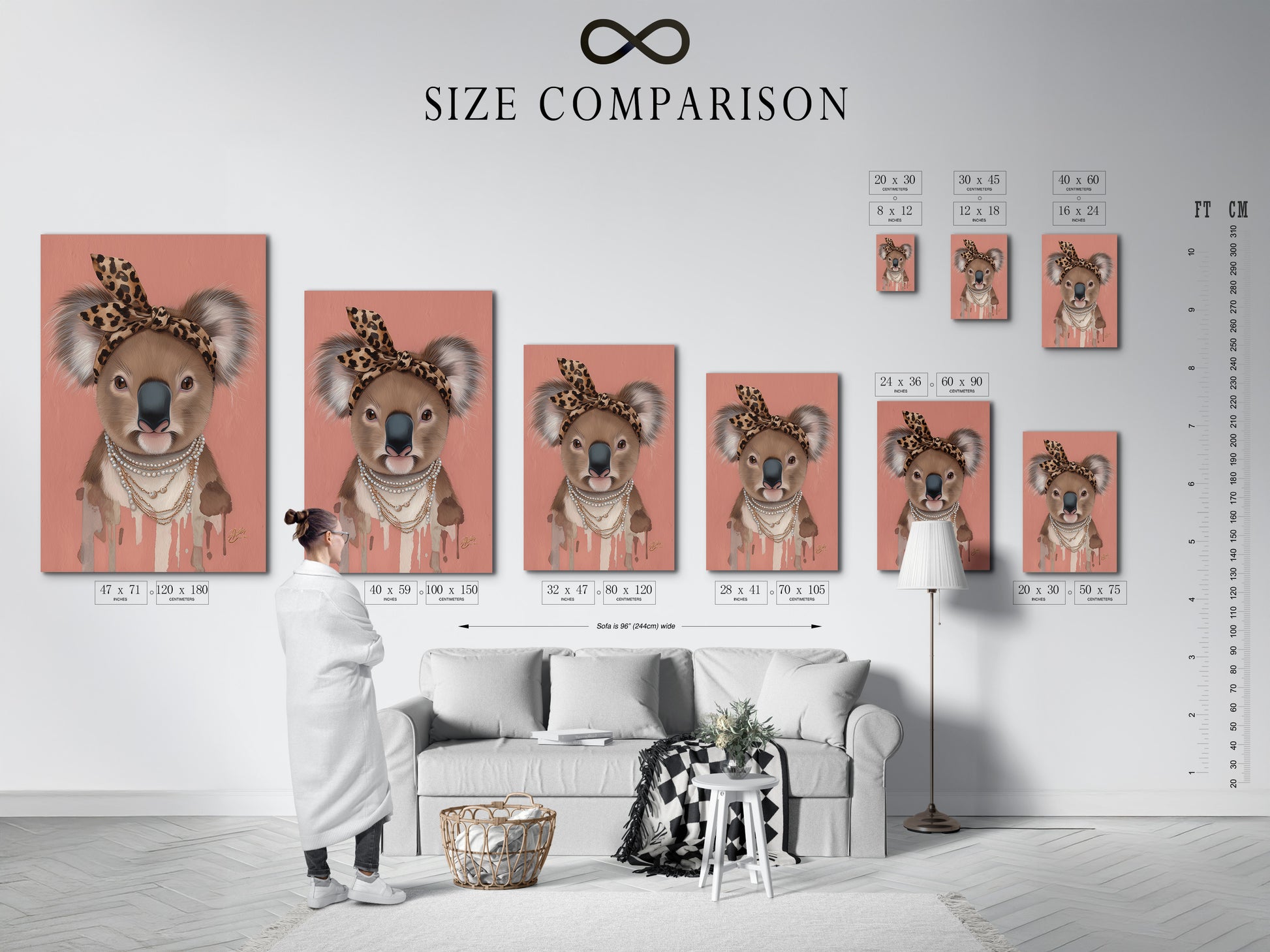 Size comparison chart in an interior setting shows the scale of Koala Wall Art. This trendy animal canvas print fits nurseries and kids' rooms. See how this modern art enhances living spaces with style.