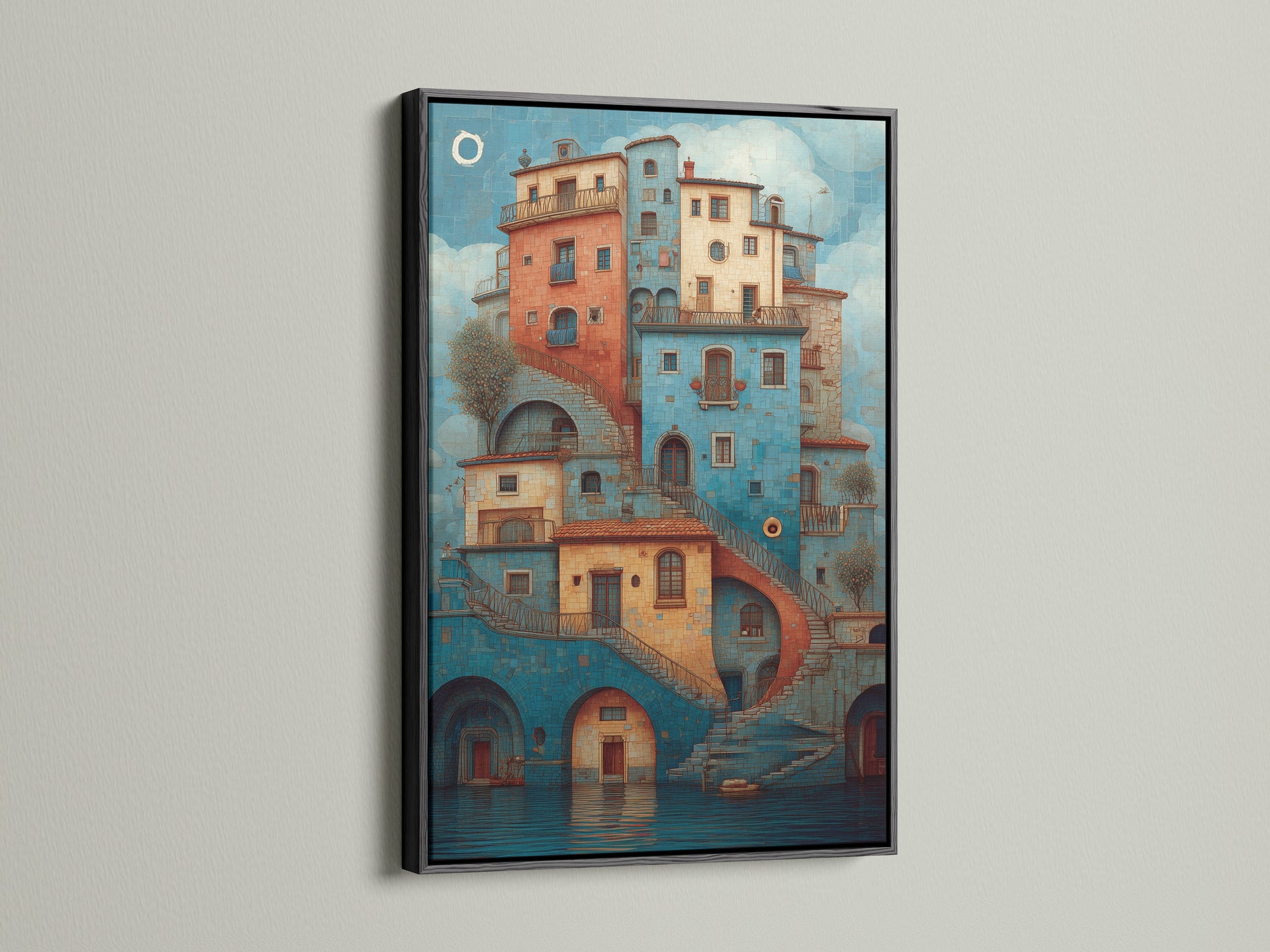Black frame artwork. This artwork features a stack of buildings with bridges and stairs. The art is framed in a sleek black frame. This wall art brings color and architectural interest to any room. Add a touch of sophistication to your living space.