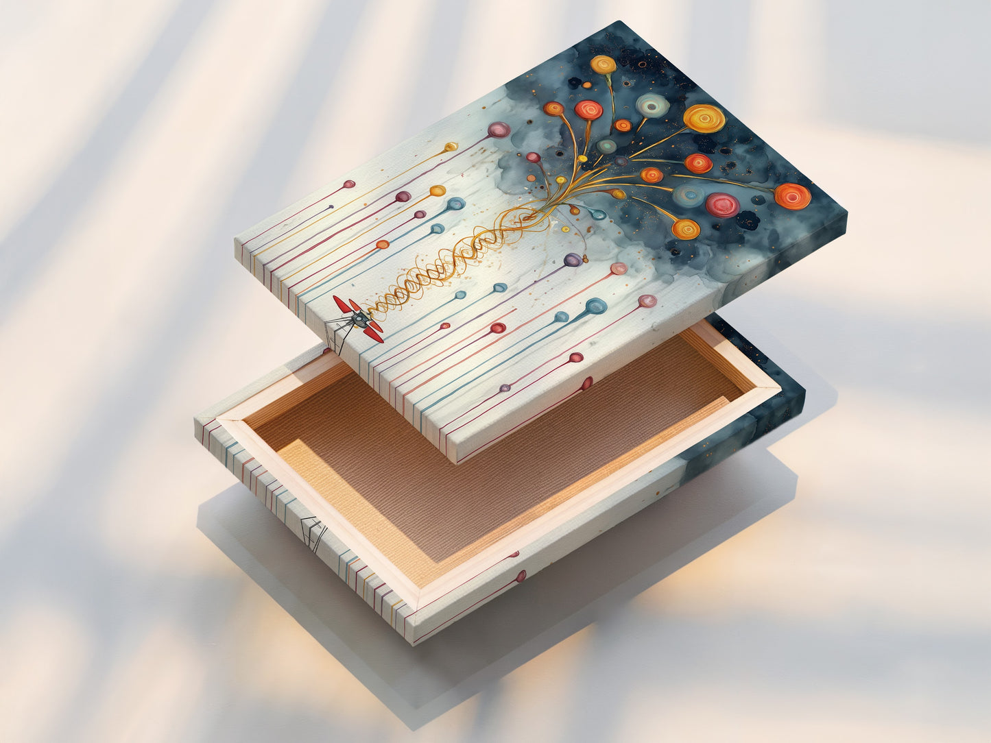 Stretched canvas print of an abstract balloon artwork. This modern piece is perfect for any room. The colorful print adds a playful touch. Enhance your nursery or playroom with this whimsical decor. A contemporary artwork for kids room wall decor.