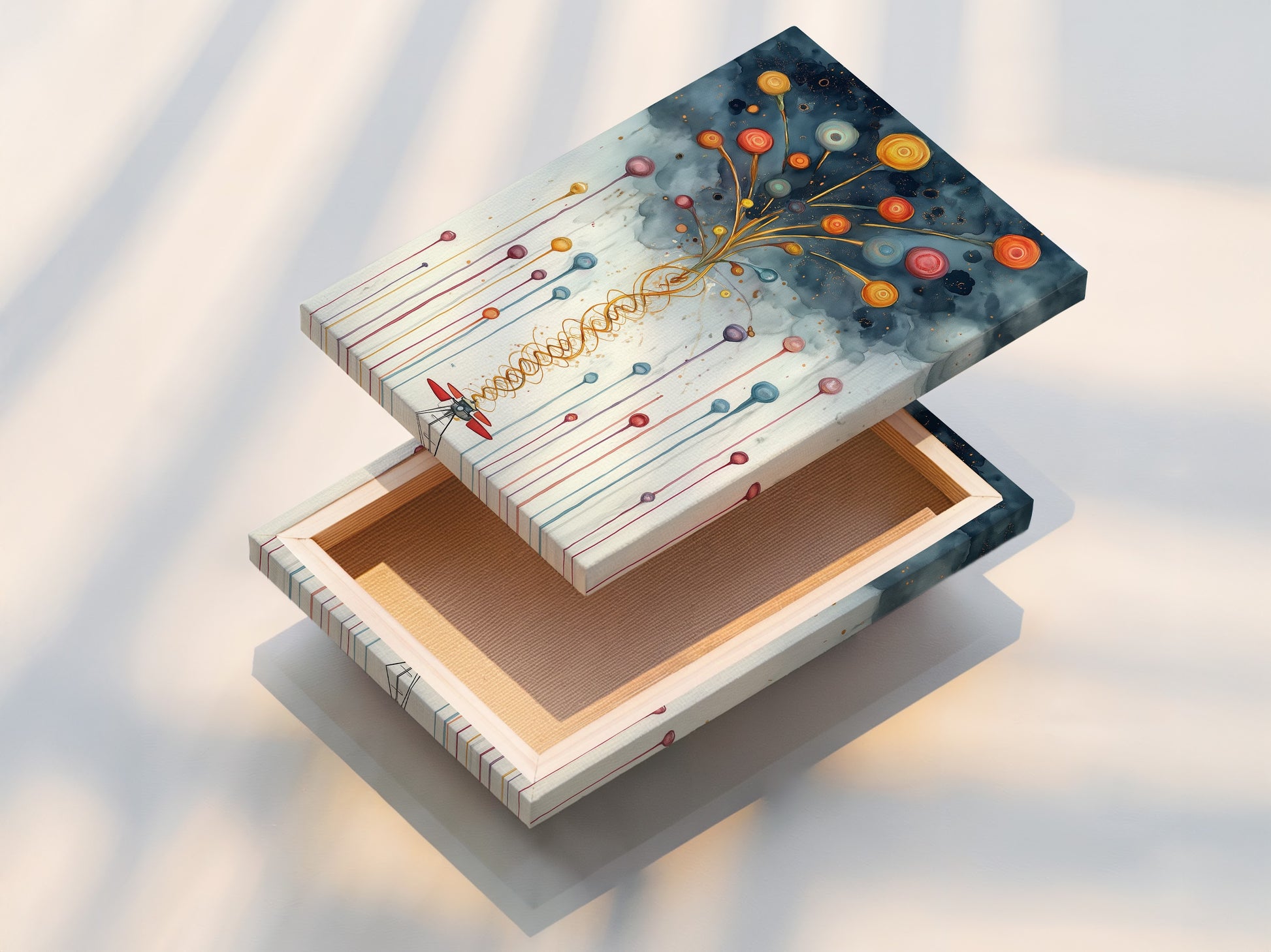 Stretched canvas print of an abstract balloon artwork. This modern piece is perfect for any room. The colorful print adds a playful touch. Enhance your nursery or playroom with this whimsical decor. A contemporary artwork for kids room wall decor.