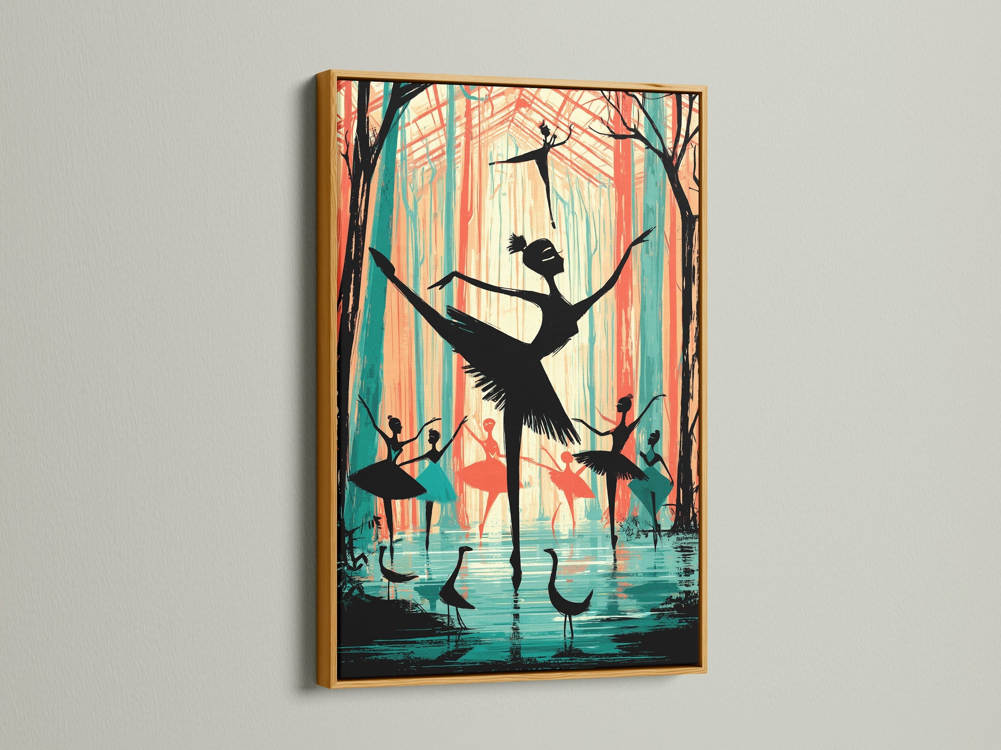 Ballerina artwork in a gold frame. The teal wall art complements the coral artwork. This piece is ideal for dance instructors. It can be a thoughtful dancer gift for various occasions.