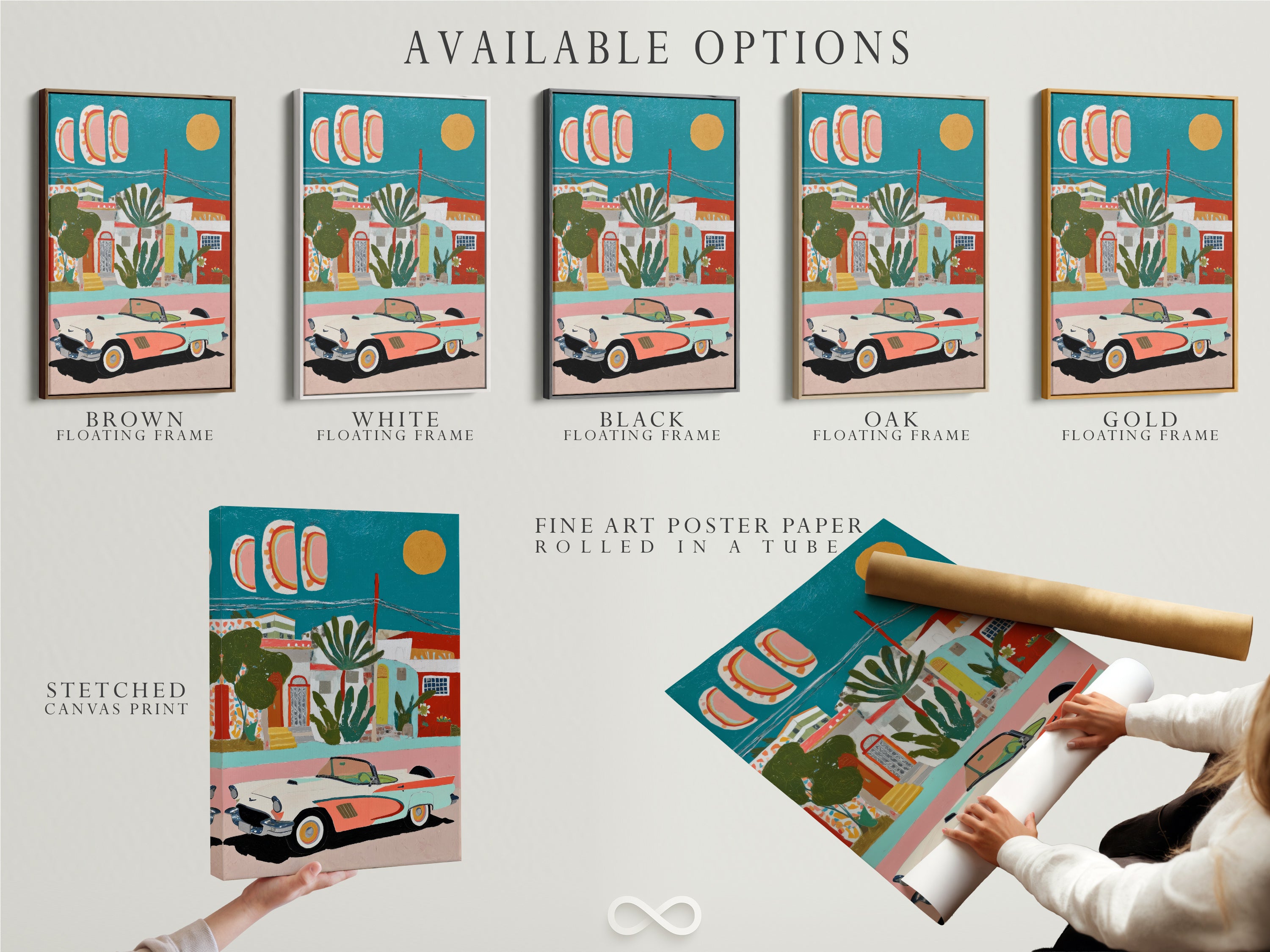 Available options for Mediterranean Village artwork. You can choose from a stretched canvas print fine art poster paper or floating frame. Each option offers a unique way to display this vintage car artwork. Find the perfect style for your home decor.