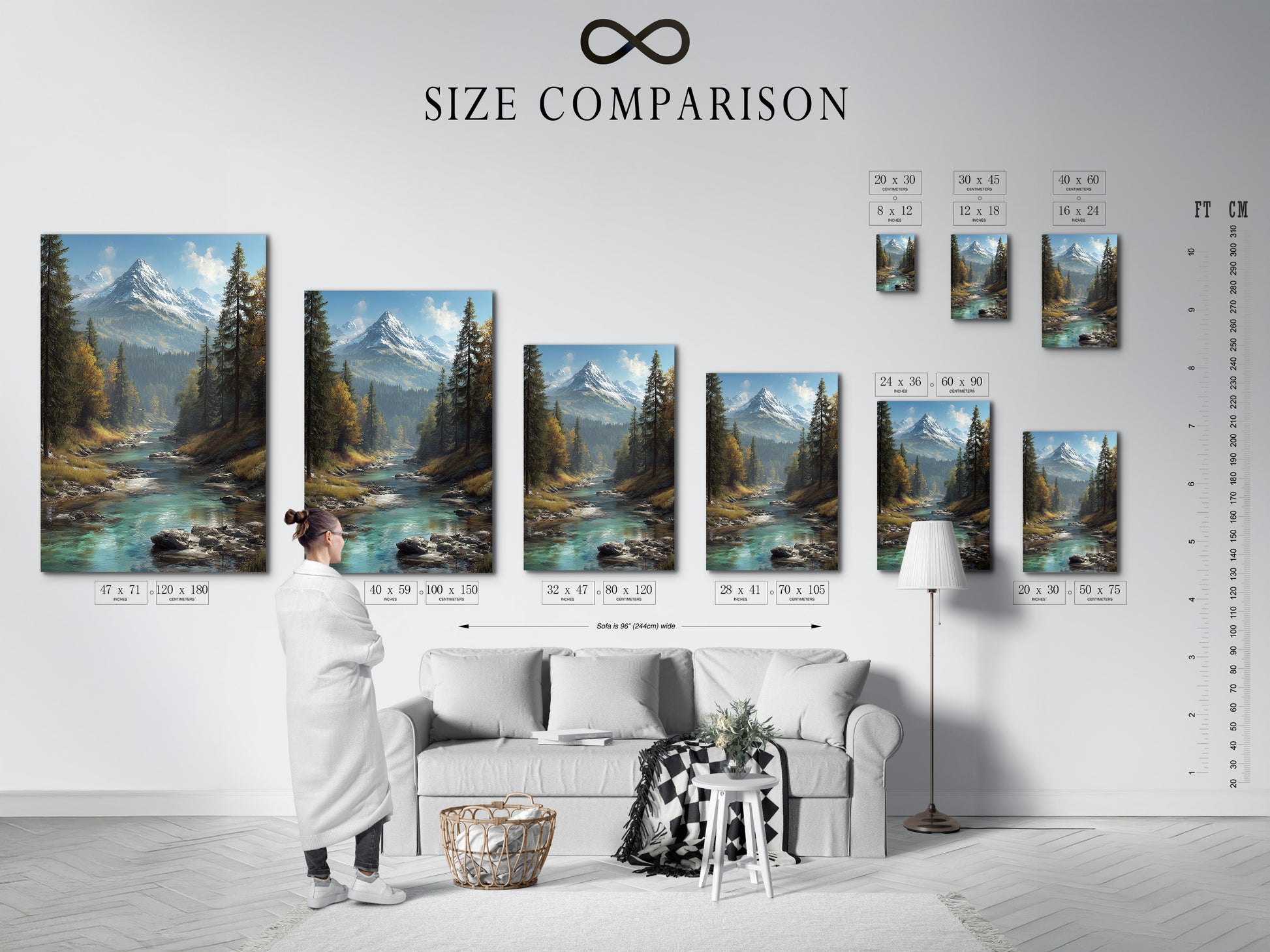 Size comparison chart in an interior setting. Visualize how the mountain river art fits in your space. See the different sizes available for the alpine landscape canvas print. Choose the perfect size for your living room or bedroom wall decor.