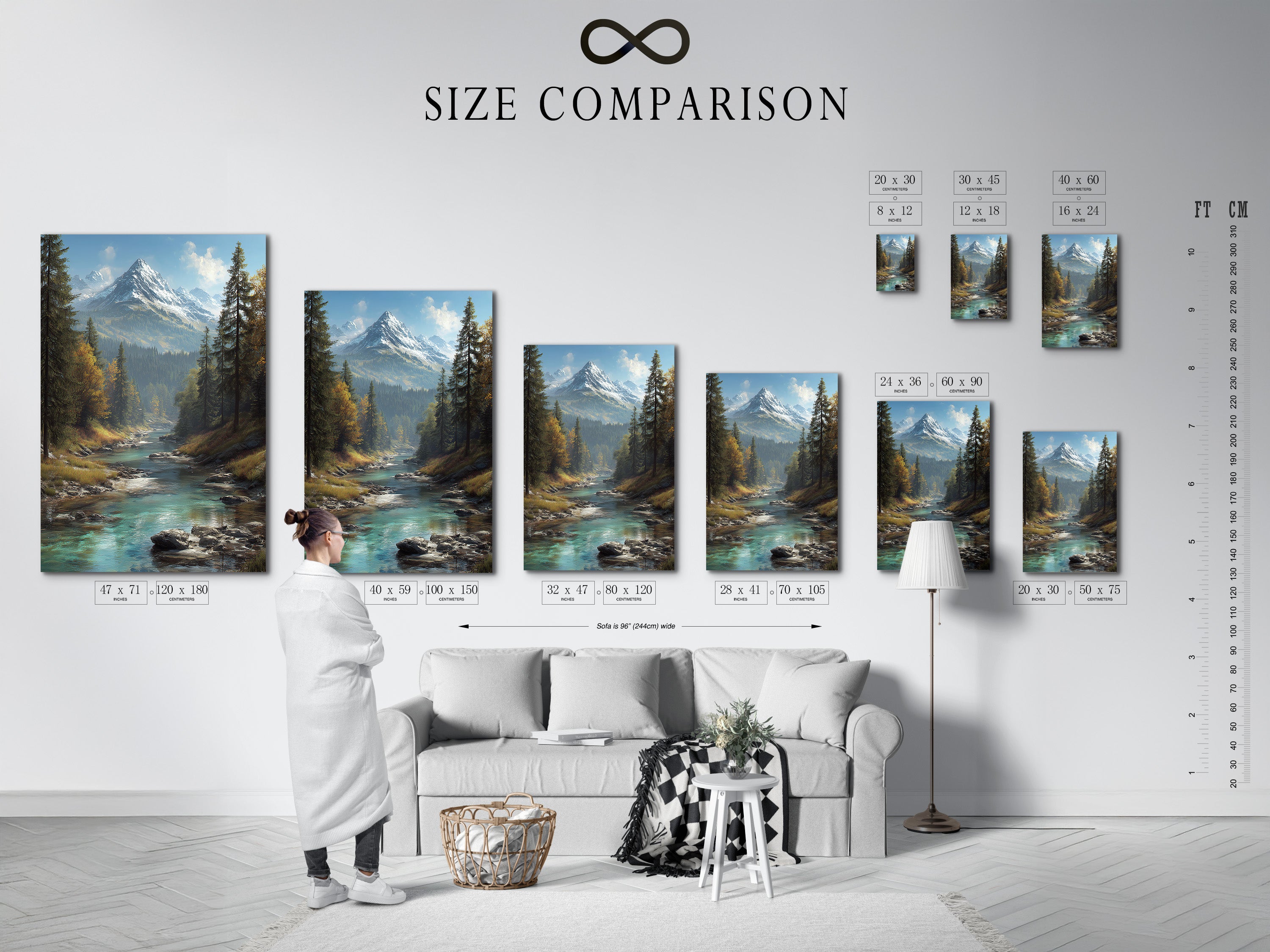 Size comparison chart in an interior setting. Visualize how the mountain river art fits in your space. See the different sizes available for the alpine landscape canvas print. Choose the perfect size for your living room or bedroom wall decor.