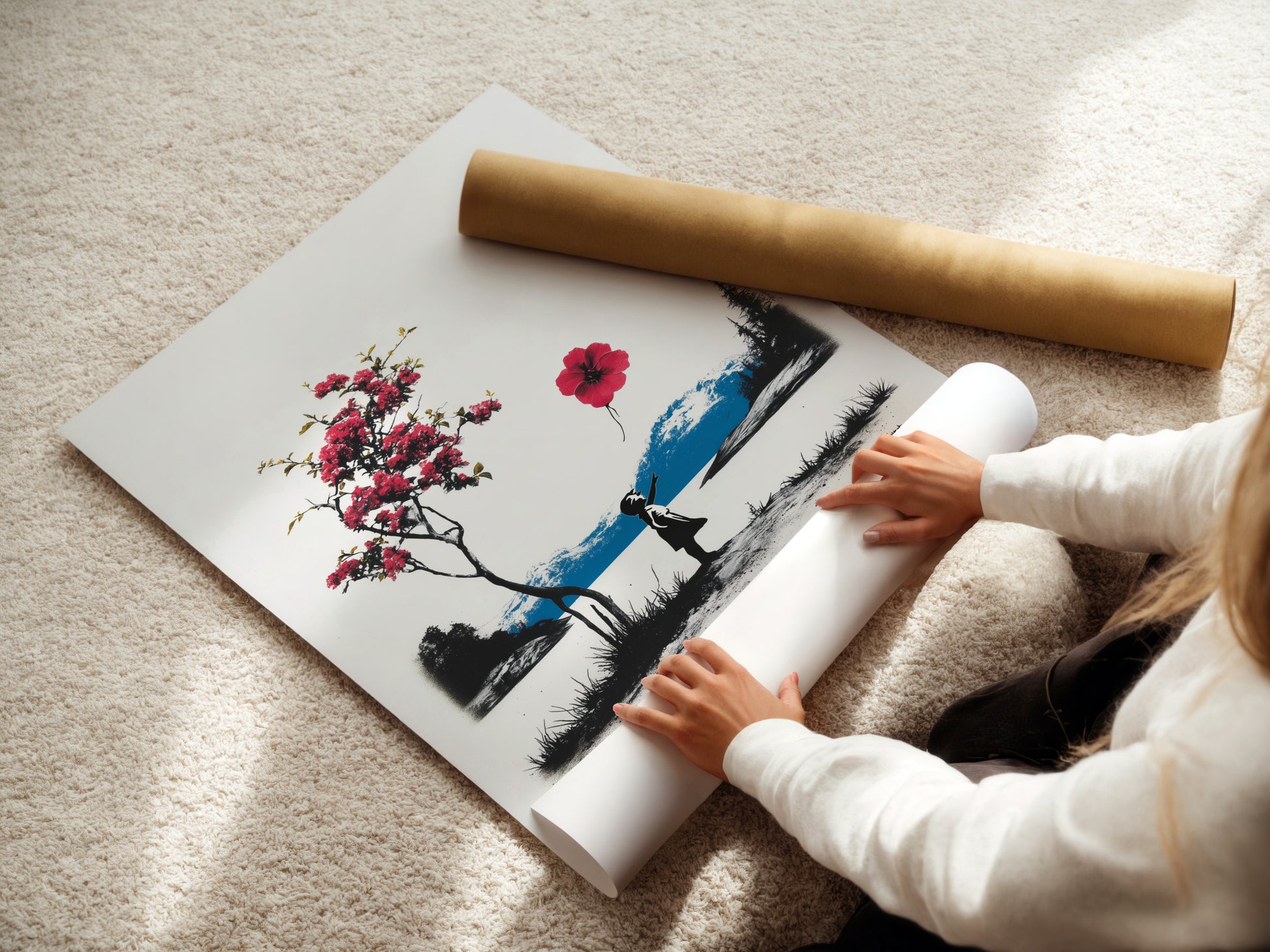 A woman is carefully rolling a fine art poster paper. The poster paper is handled with care. Preparing it for framing or display. Fine art poster paper ensures high quality prints. Preserve the beauty of your art.