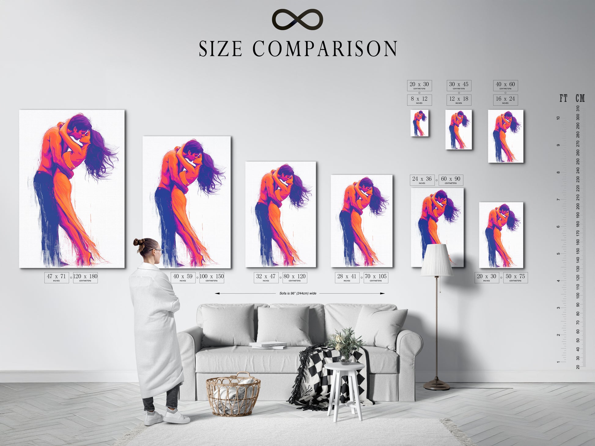 A size comparison chart featuring the Passionate Embrace artwork in an interior setting. See how different sizes fit your space. This love wall decor is perfect for any room. Choose the ideal size for your couple art today.