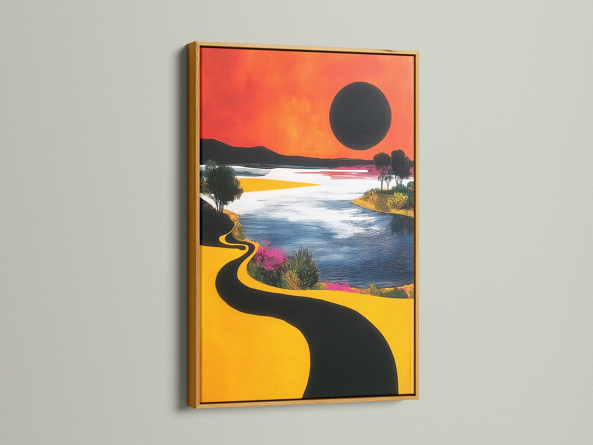Elevate your space with this abstract canvas. The sunset lake artwork is set in a luxurious gold frame. The metallic finish adds a touch of glamour. This modern artwork is ideal for a stylish interior.