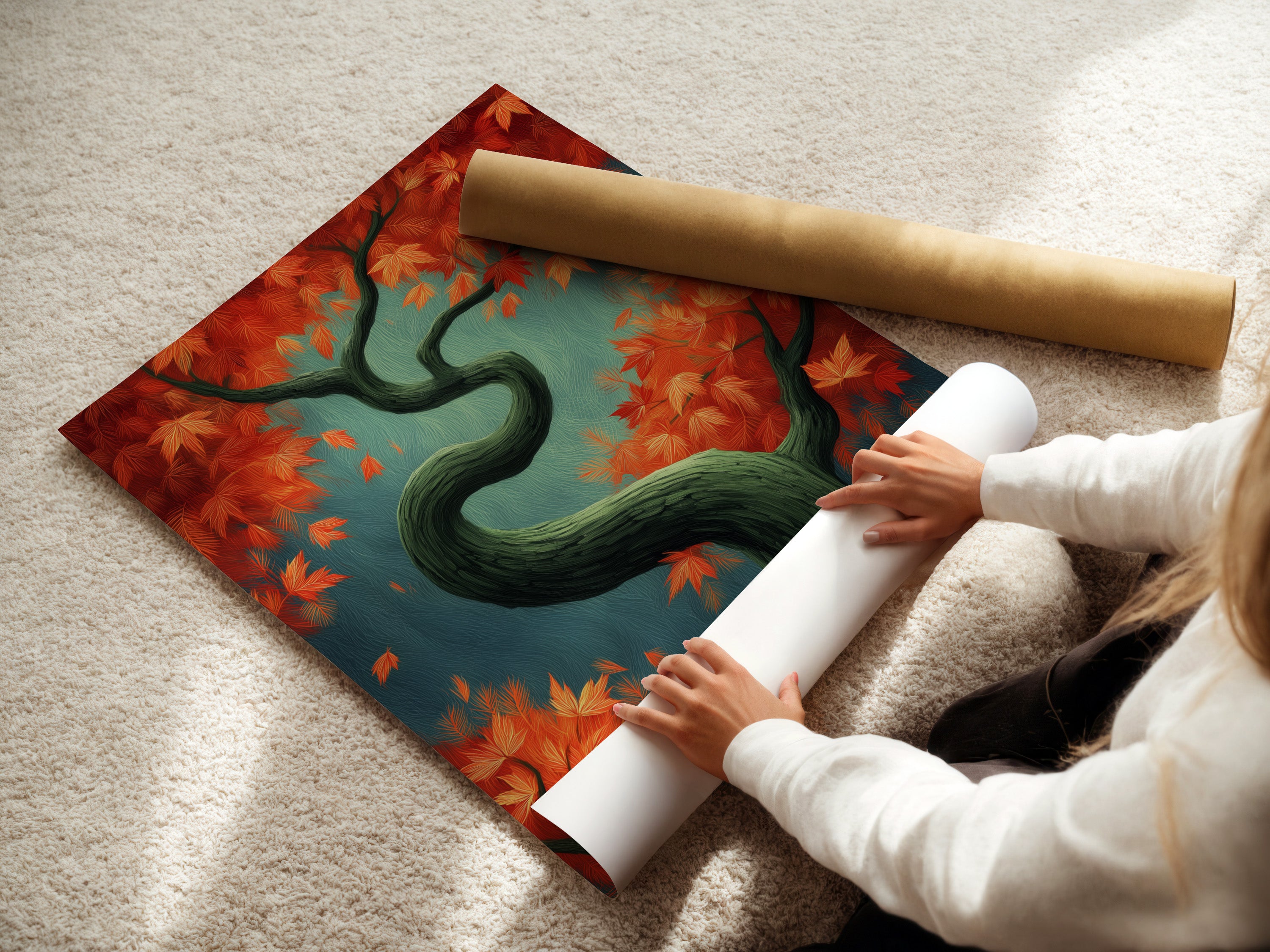 A woman is carefully rolling a fine art poster paper. The artwork is a Japanese style Autumn Tree with fall foliage. This botanical print is perfect for nature enthusiasts. It creates a calming zen atmosphere in any room.