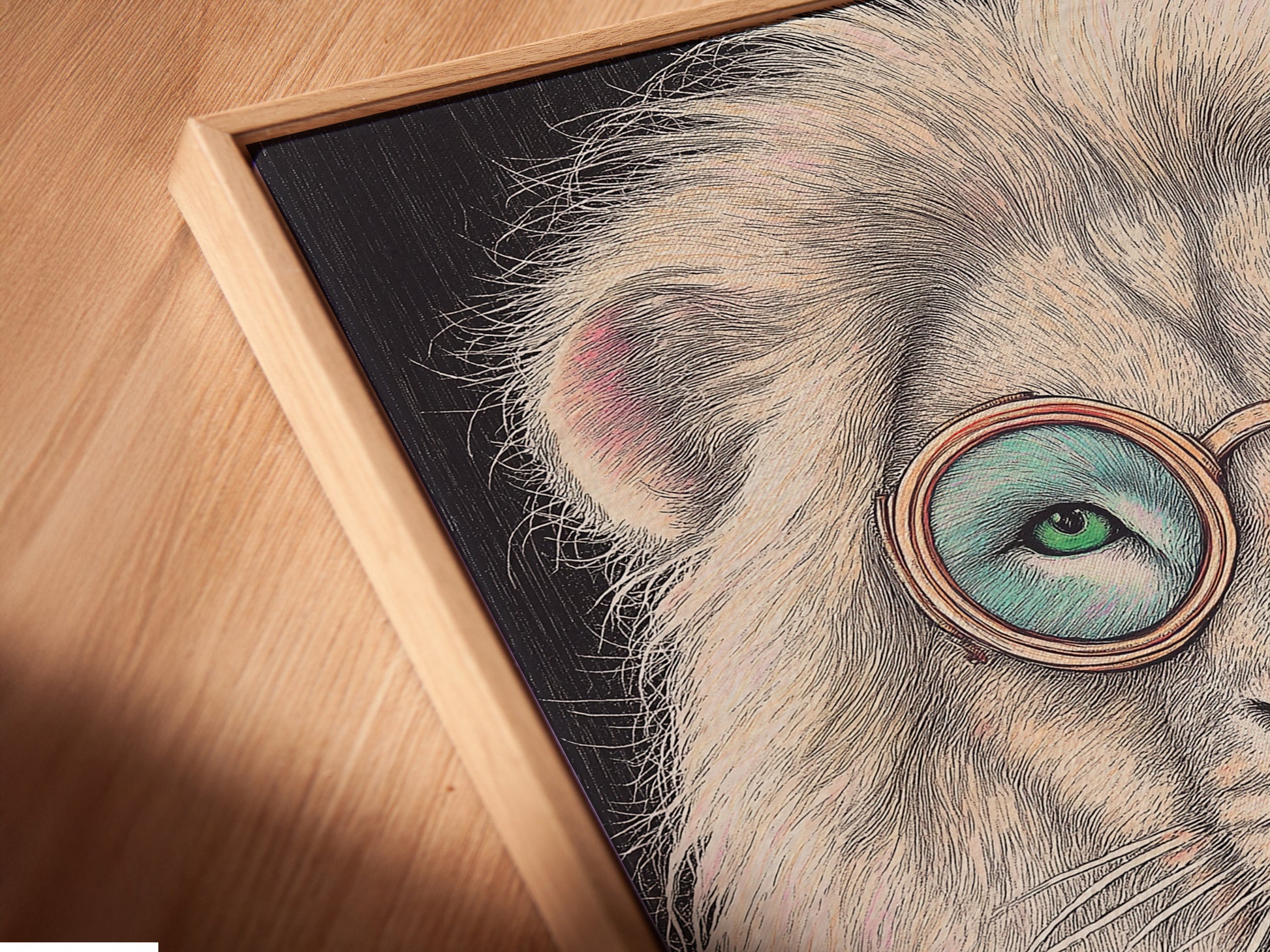 Close-up of a canvas print in a floating frame. The art features a Hipster Lion. The lion has glasses and a bow tie. It is perfect for elevated animal art in contemporary or eclectic styles.