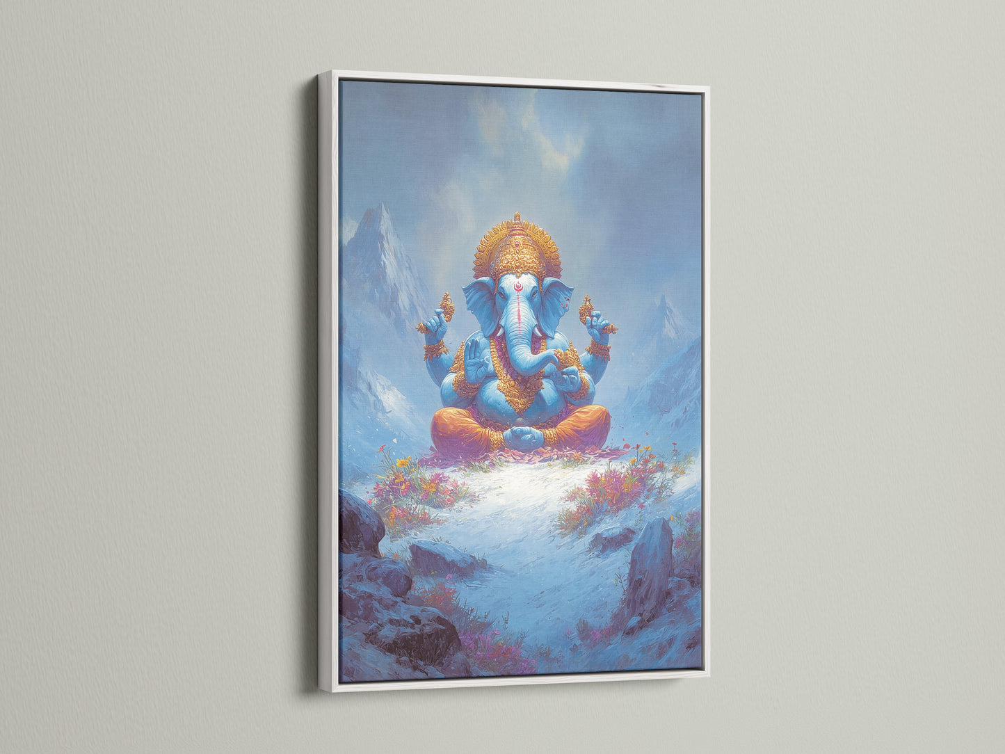 Enhance your interior with Ganesha spiritual wall art. This artwork is framed in white. Ideal for yoga studios and meditation rooms. The elephant god print radiates peace. Bring sacred wall decor to your living space.