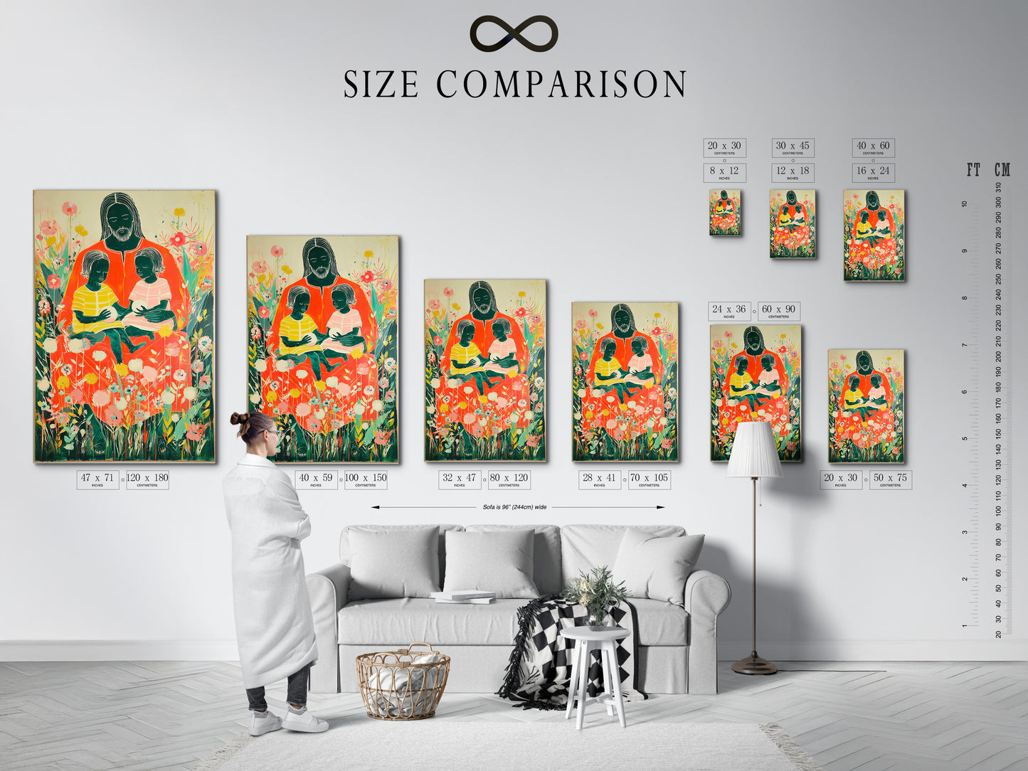 An interior view of a size comparison chart. This chart helps you visualize art sizes. Find the perfect dimensions for your space. Use this guide to make informed art decisions. Choose the ideal size to enhance your decor.