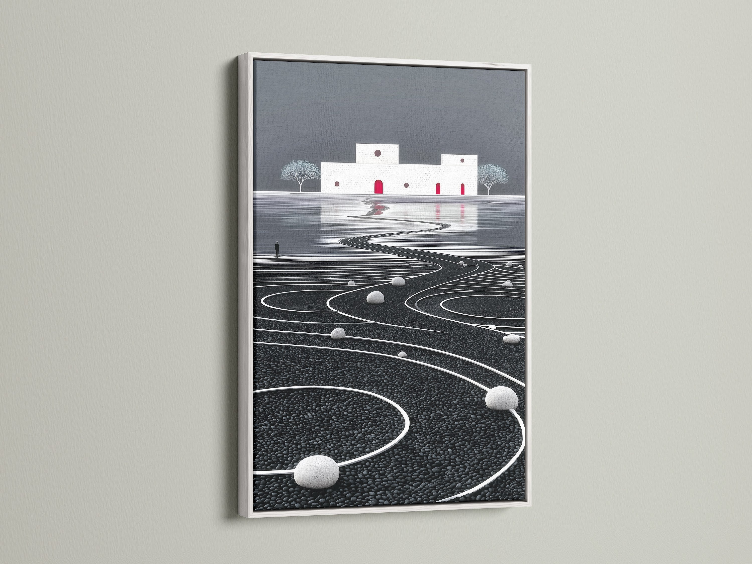 The white frame accentuates this modern canvas art. The artwork displays an abstract landscape. The monochrome decor is perfect for meditation art. This piece adds a zen touch to any room.