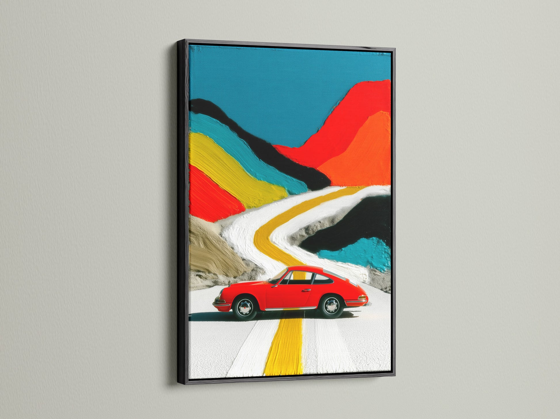 Check out vintage car art in a sleek black frame. The art features a red sports car wall art print. This is ideal for modern contemporary wall decor. Perfect for garages or boardrooms.