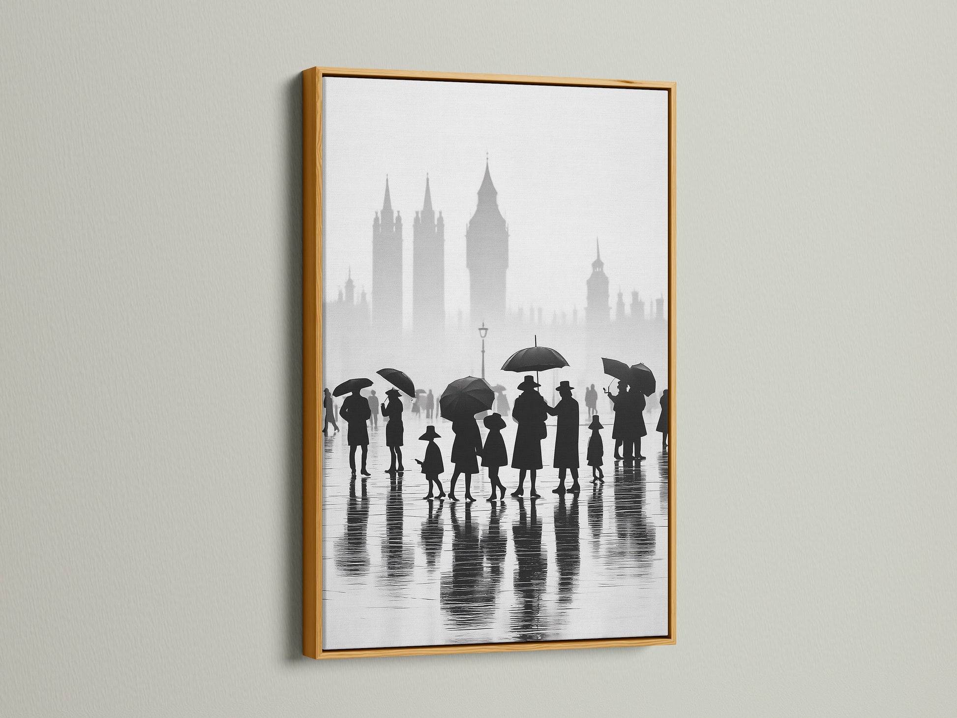 Elevate your decor with our gold framed London canvas print. This black and white cityscape art adds a luxurious touch. It's perfect for minimalist and monochrome art lovers. The rainy day scene captures the essence of London. A timeless piece