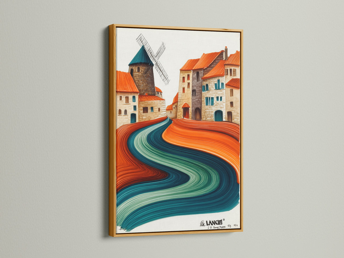 The whimsical village artwork is gloriously presented in a gold frame. The teal and terracotta hues create a vibrant abstract landscape. This unique canvas art adds a touch of luxury to your decor. A perfect housewarming gift for those who love European-inspired artwork.