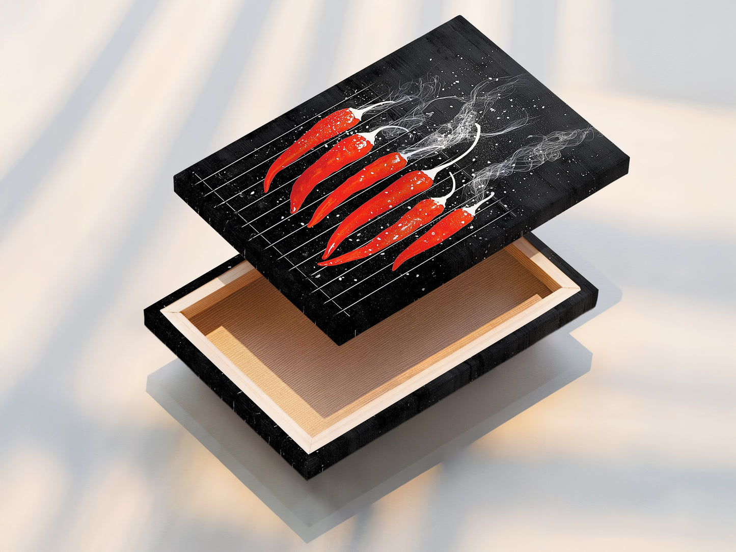 A stretched canvas print featuring red hot chili peppers. The artwork is ready to hang. The stretched canvas offers a clean modern look. It is perfect for restaurant decor or modern kitchen art. It is a spicy addition to any space.