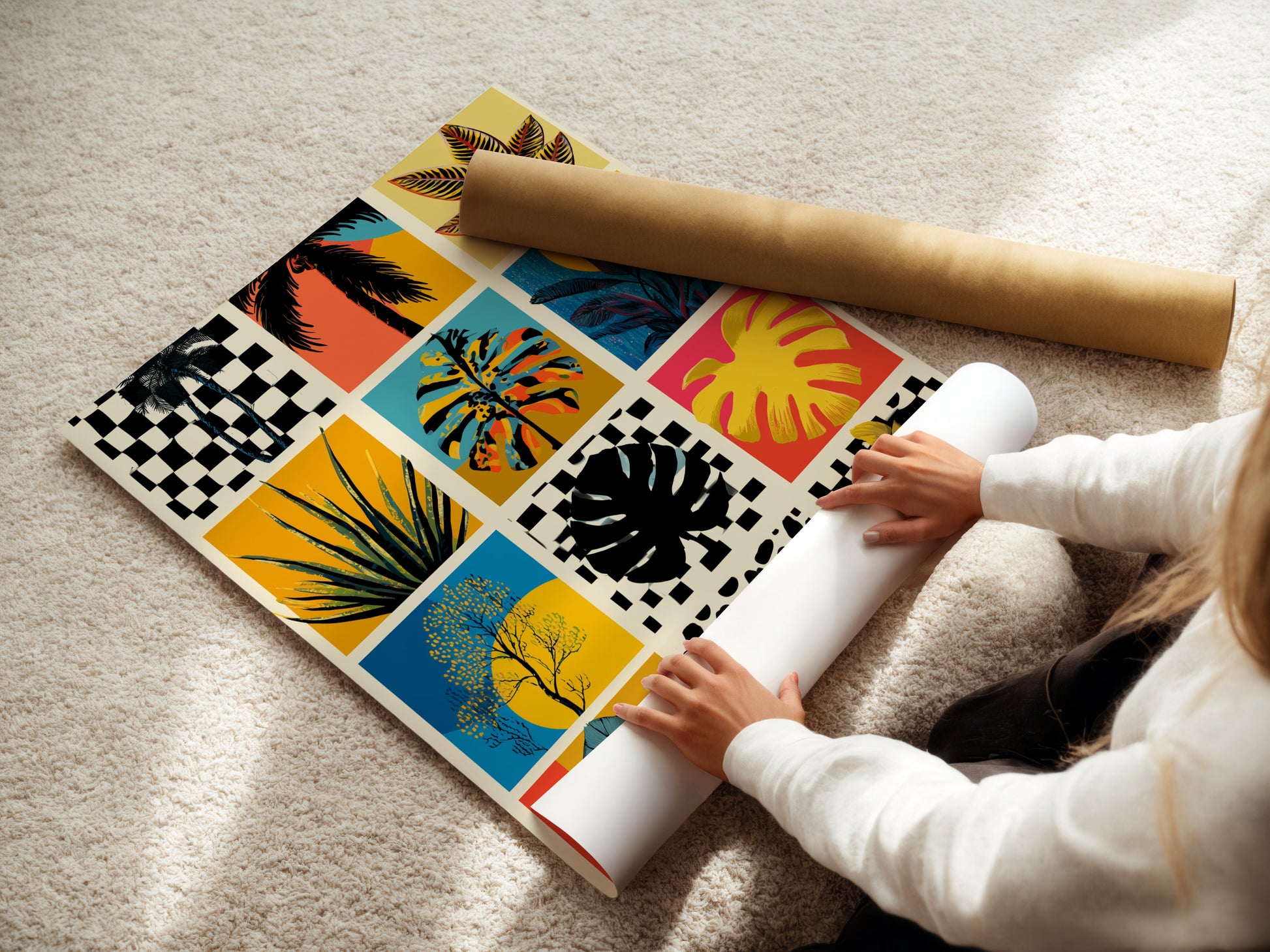 Woman rolling a fine art poster paper. The high-quality paper ensures the artwork looks crisp and vibrant. Perfect for framing or displaying as is. The poster paper captures every detail of the original artwork. A great way to bring fine art into your home.