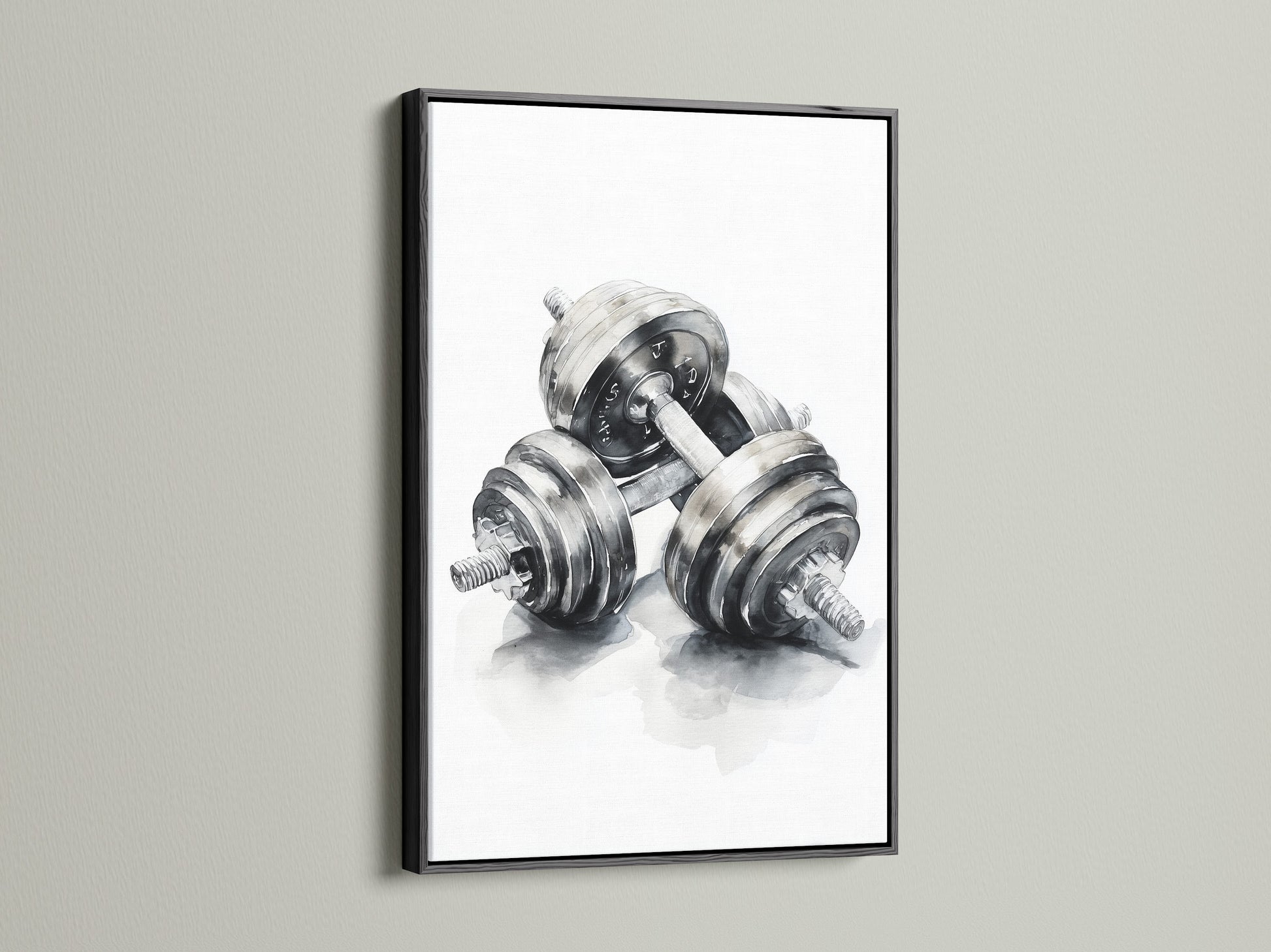 Artwork of dumbbells framed in a black frame. The black frame adds a touch of sophistication. It's a bold choice to highlight artwork. The black frame makes a statement.