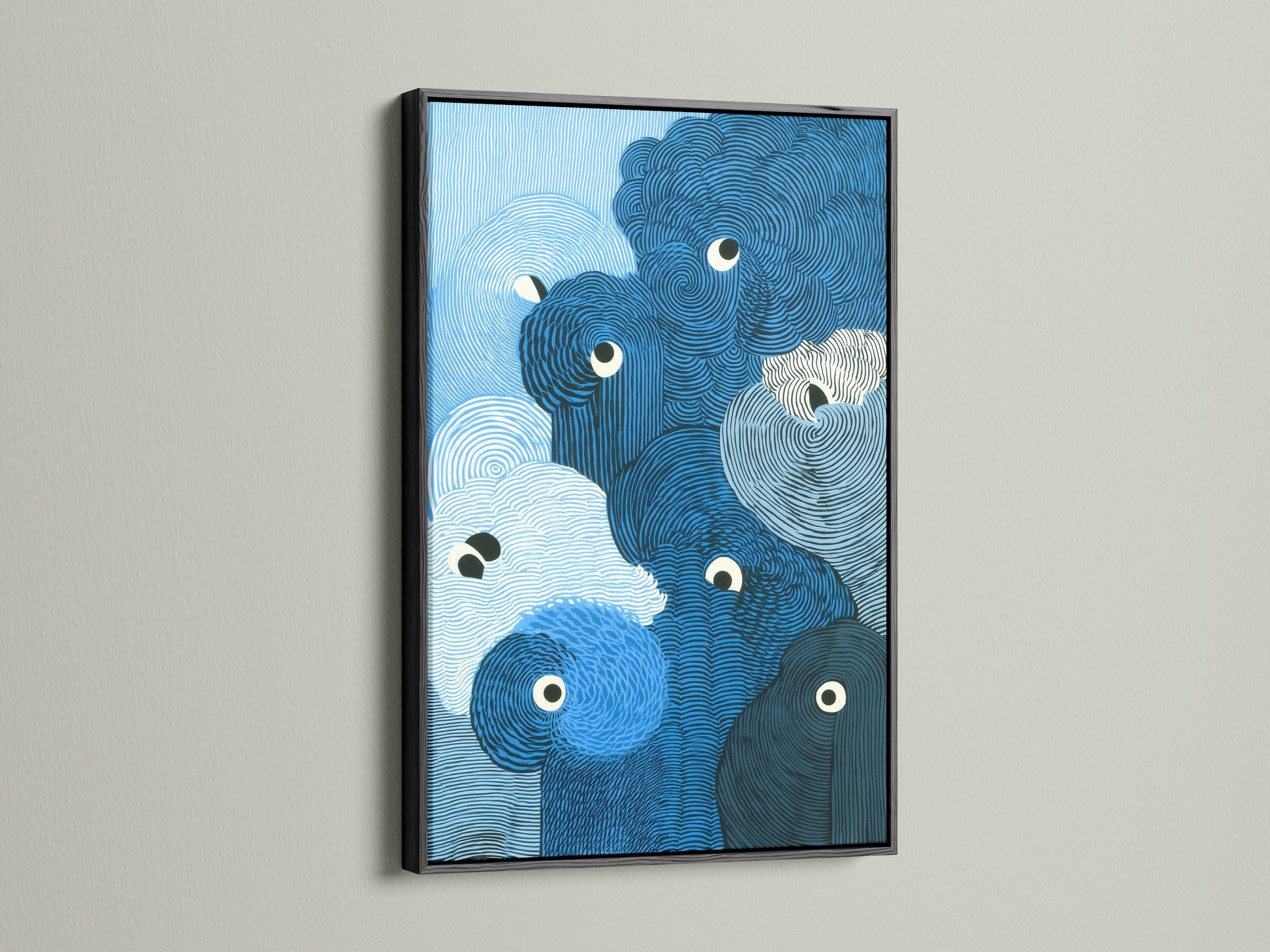 This abstract wave artwork is framed in a sleek black frame. This enhances the modern swirl art. The blue ocean print stands out against the dark frame. Perfect for creating a bold focal point. Elevate your bedroom decor with this striking nautical wall art.