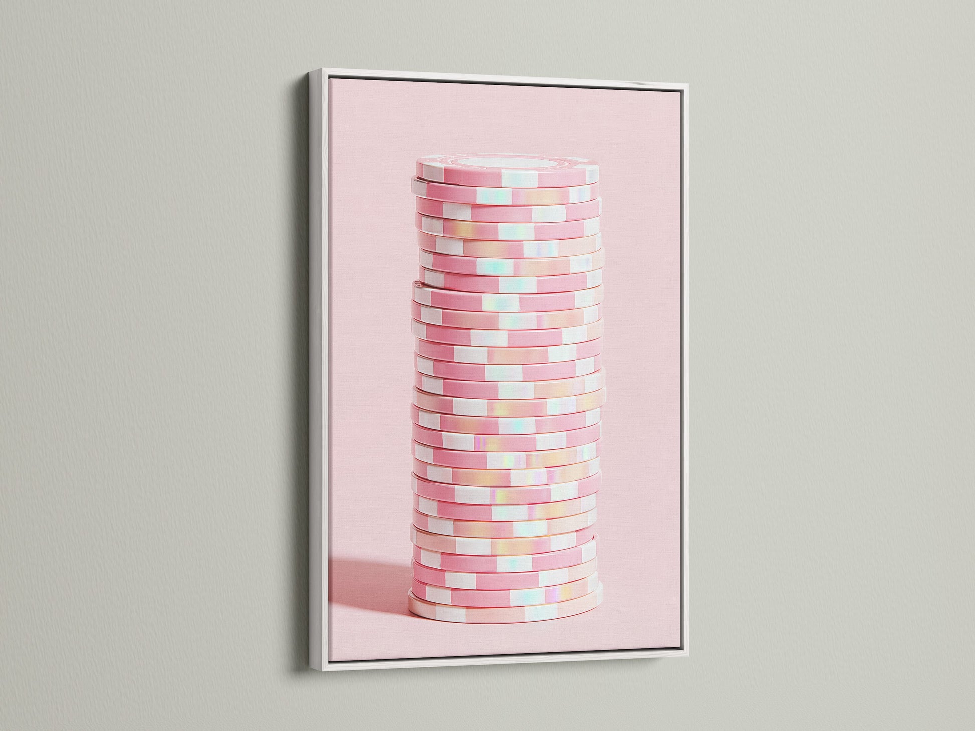 Abstract geometric artwork in a white frame. The artwork features pink pastel colors. Ideal modern canvas art for minimalist enthusiasts. This piece enhances any space with contemporary style and a clean look.