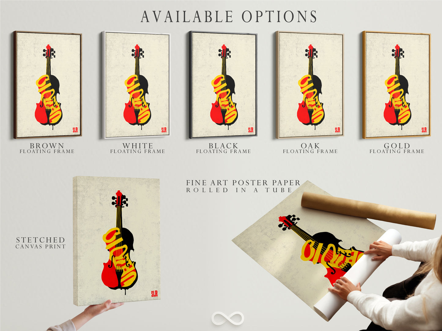 Discover available options for music artwork. Choose from a stretched canvas print. Consider fine art poster paper or a floating frame. Customize your violin graffiti art. Get the perfect piece for your decor.