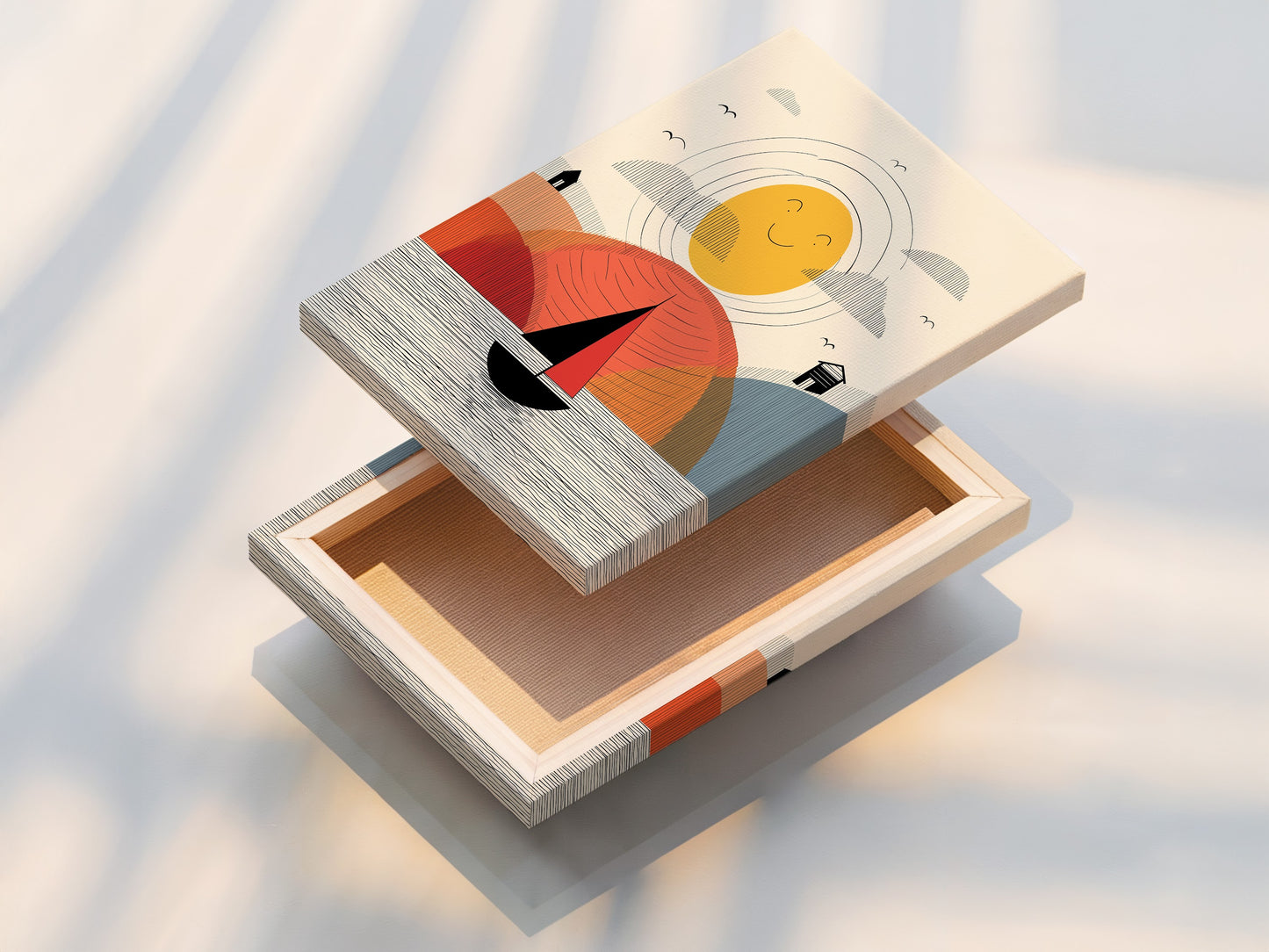 Stretched Canvas Print of Sailboat Artwork. The stretched canvas print is ready to hang. The artwork features a modern nautical scene. Ideal for coastal or Scandinavian decor. This is a great art piece.