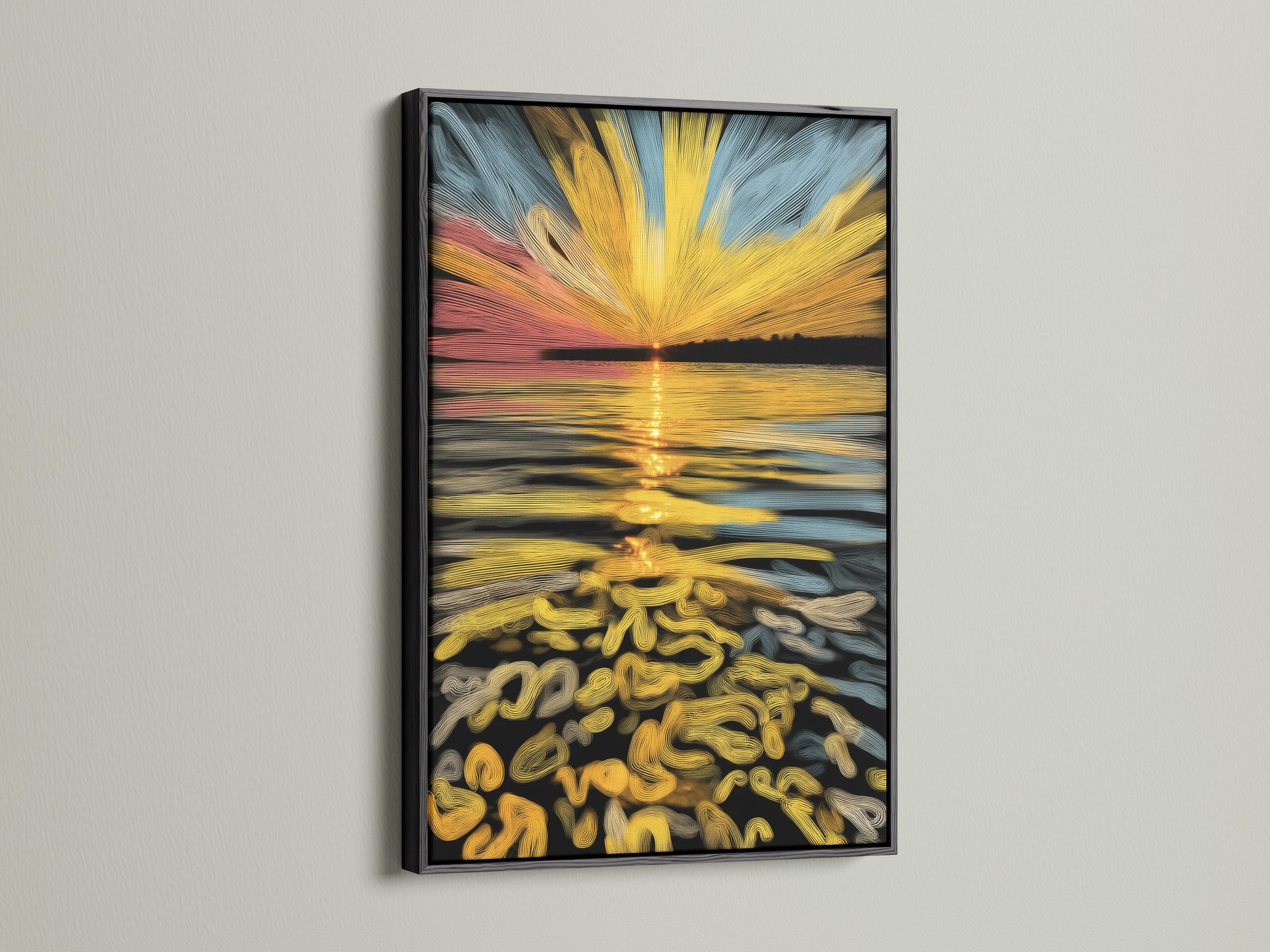 The abstract sunset artwork is presented in a sleek black frame. This modern piece is a striking addition to any room. It features golden ocean wave art. This canvas print is suitable for various interior styles. It is a refined artwork for coastal minimalist or contemporary spaces.