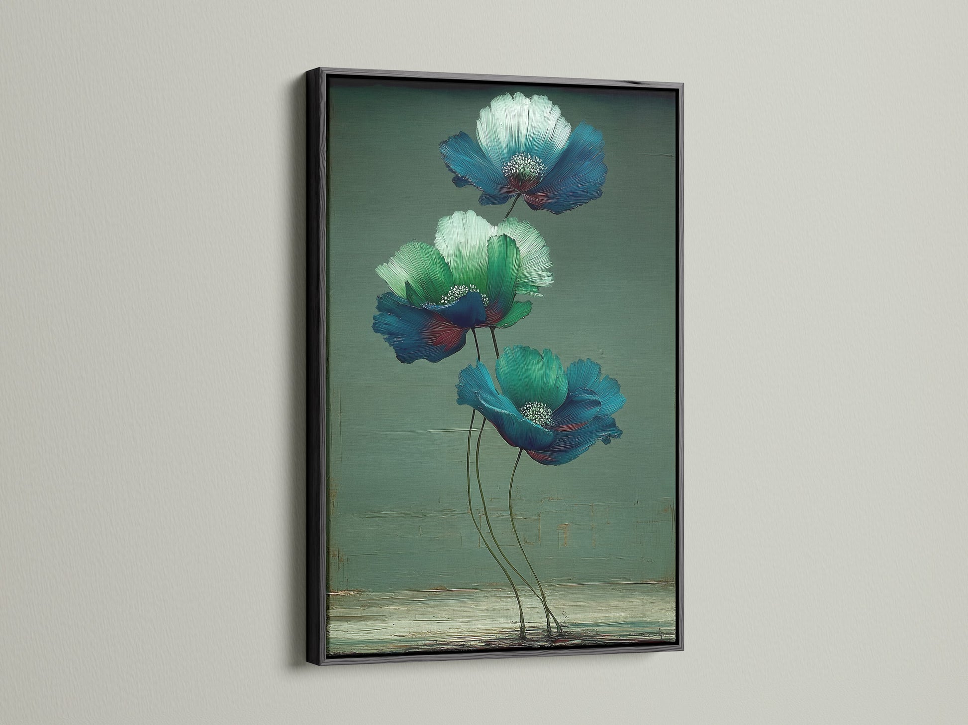 Check out floral canvas prints with a black frame. This botanical art adds a sophisticated touch. Appreciate the contrast of blue flower prints and green wall art. Ideal flower artwork for a striking wall decor.