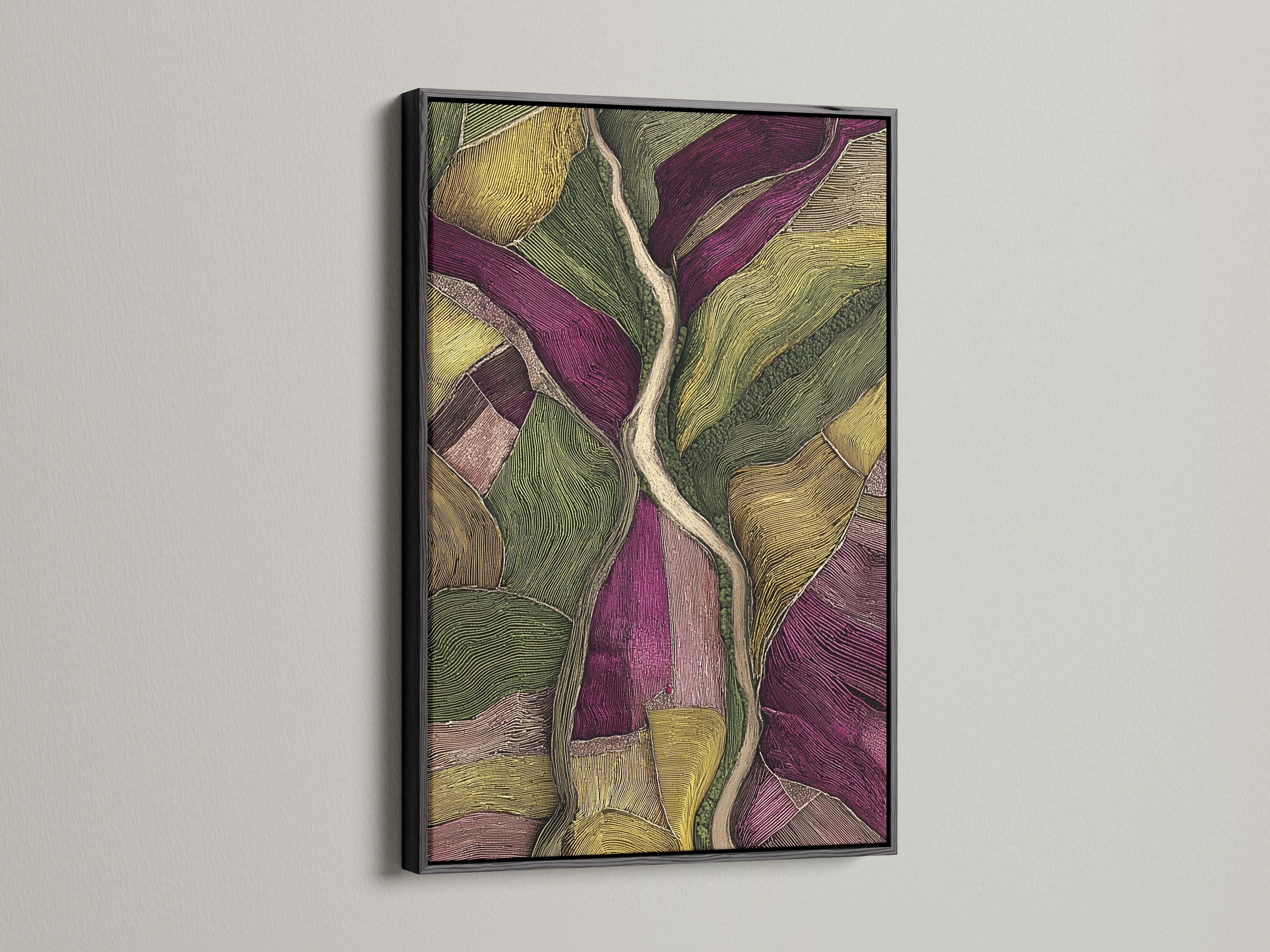 Artwork presented in a black frame. The black frame creates a bold and striking contrast. It adds a touch of sophistication to the art. Ideal for a contemporary space. The artwork is dramatic.