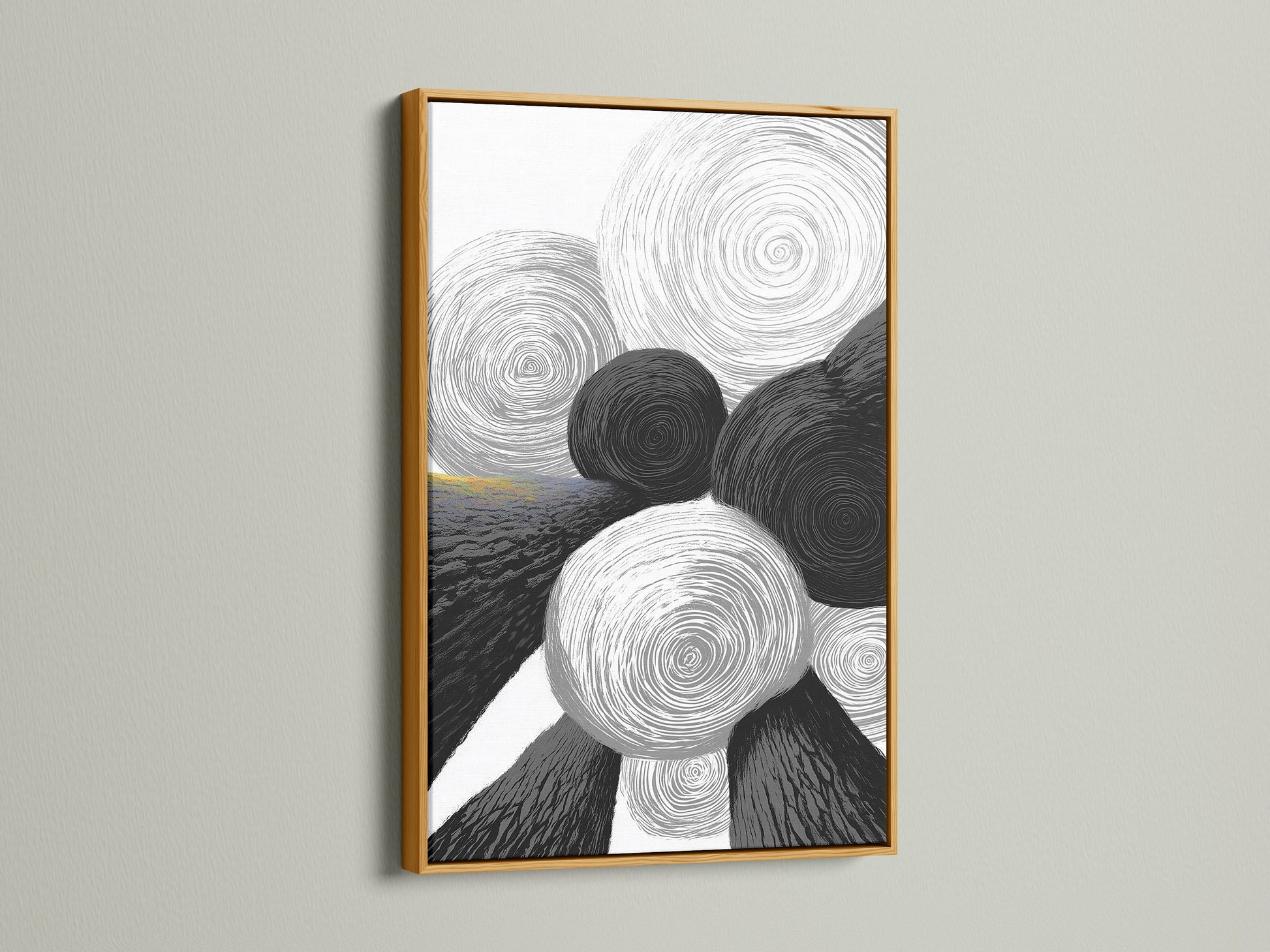 A stunning piece of geometric abstract art with black and white circles. The artwork is highlighted by a gold frame. It adds a touch of luxury to the minimalist art. Perfect for creating a focal point in any modern room. This will elevate your decor.