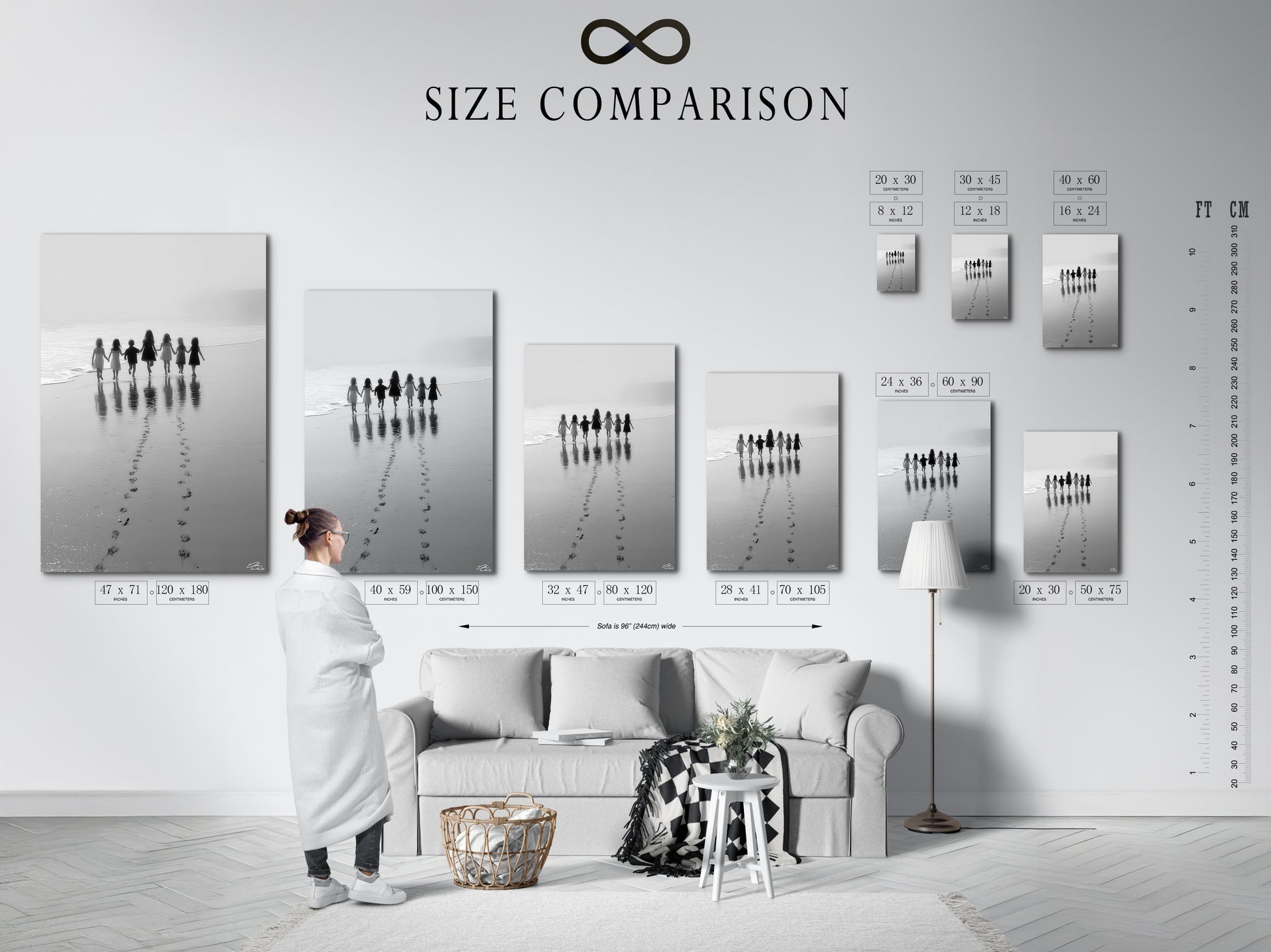 A size comparison chart displays Beach Walk in various settings. See how this black and white seascape photography fits your space. Ideal for nursery decor or a family photo gallery. Discover minimalist art options today.
