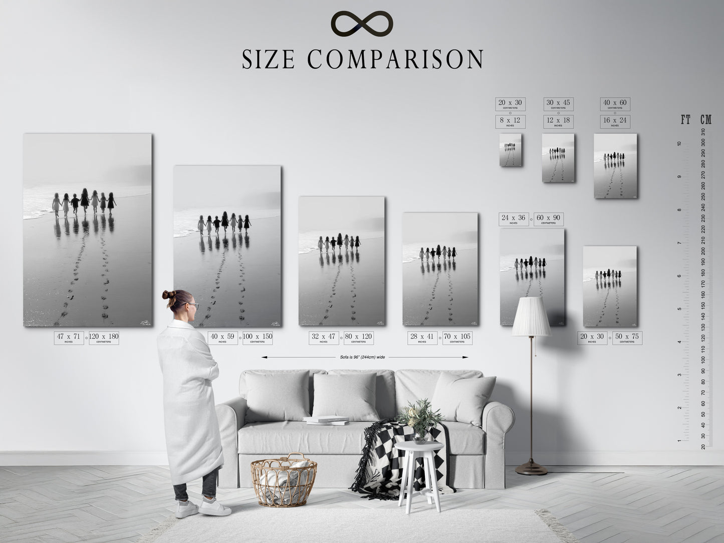 A size comparison chart displays Beach Walk in various settings. See how this black and white seascape photography fits your space. Ideal for nursery decor or a family photo gallery. Discover minimalist art options today.