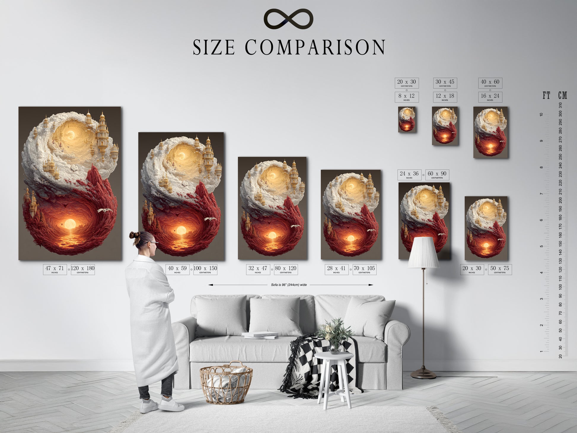 Size comparison chart displayed in a modern interior. The chart provides a clear visual guide. It helps customers choose the perfect art print size for their space. This ensures the artwork complements the roomโs proportions and aesthetics.