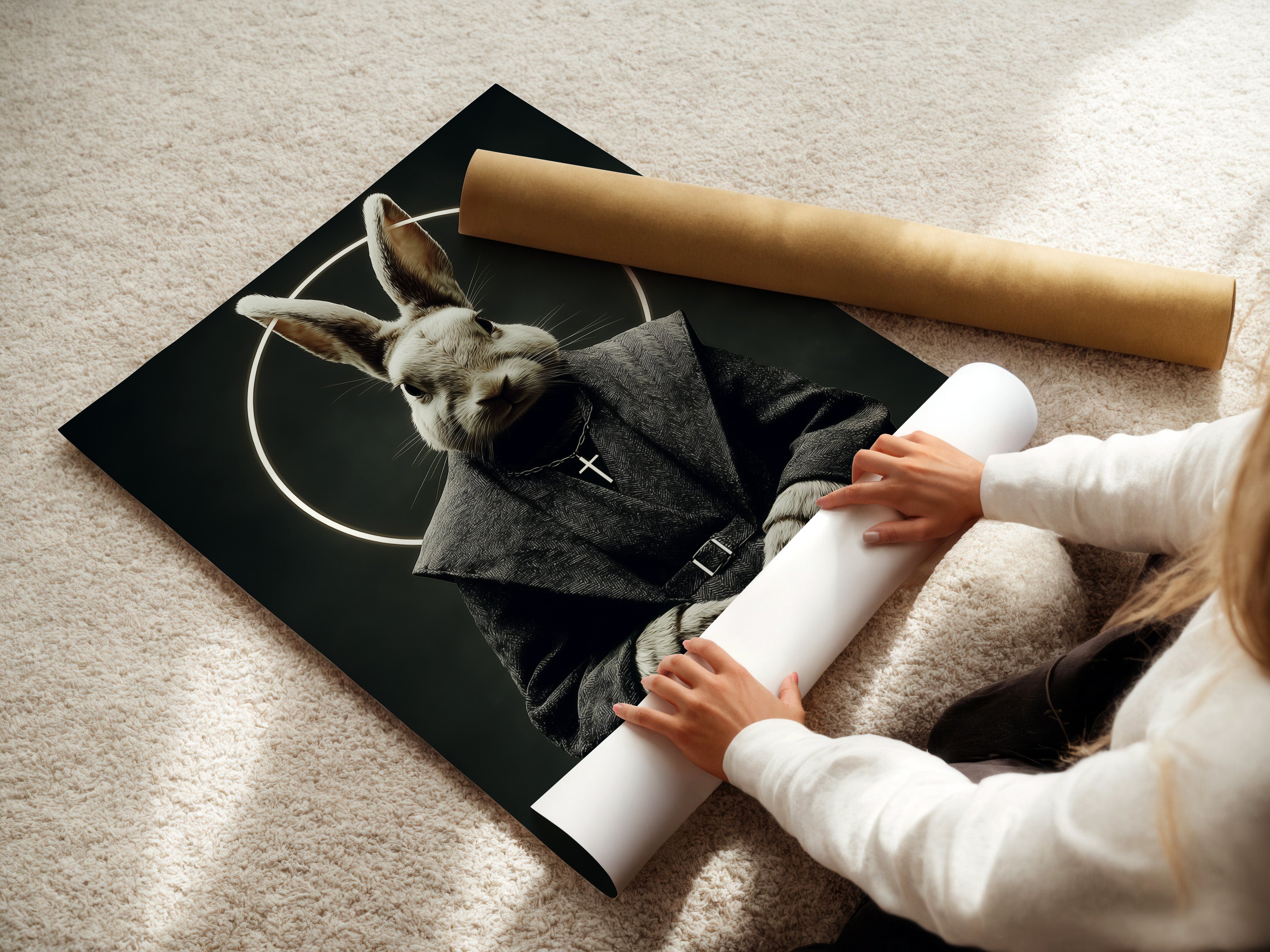 A woman is carefully rolling a fine art poster paper of the rabbit monk art. The poster paper ensures high-quality reproduction. This gothic wall art is perfect for academics and writers. Bring surreal wall decor to your home office.