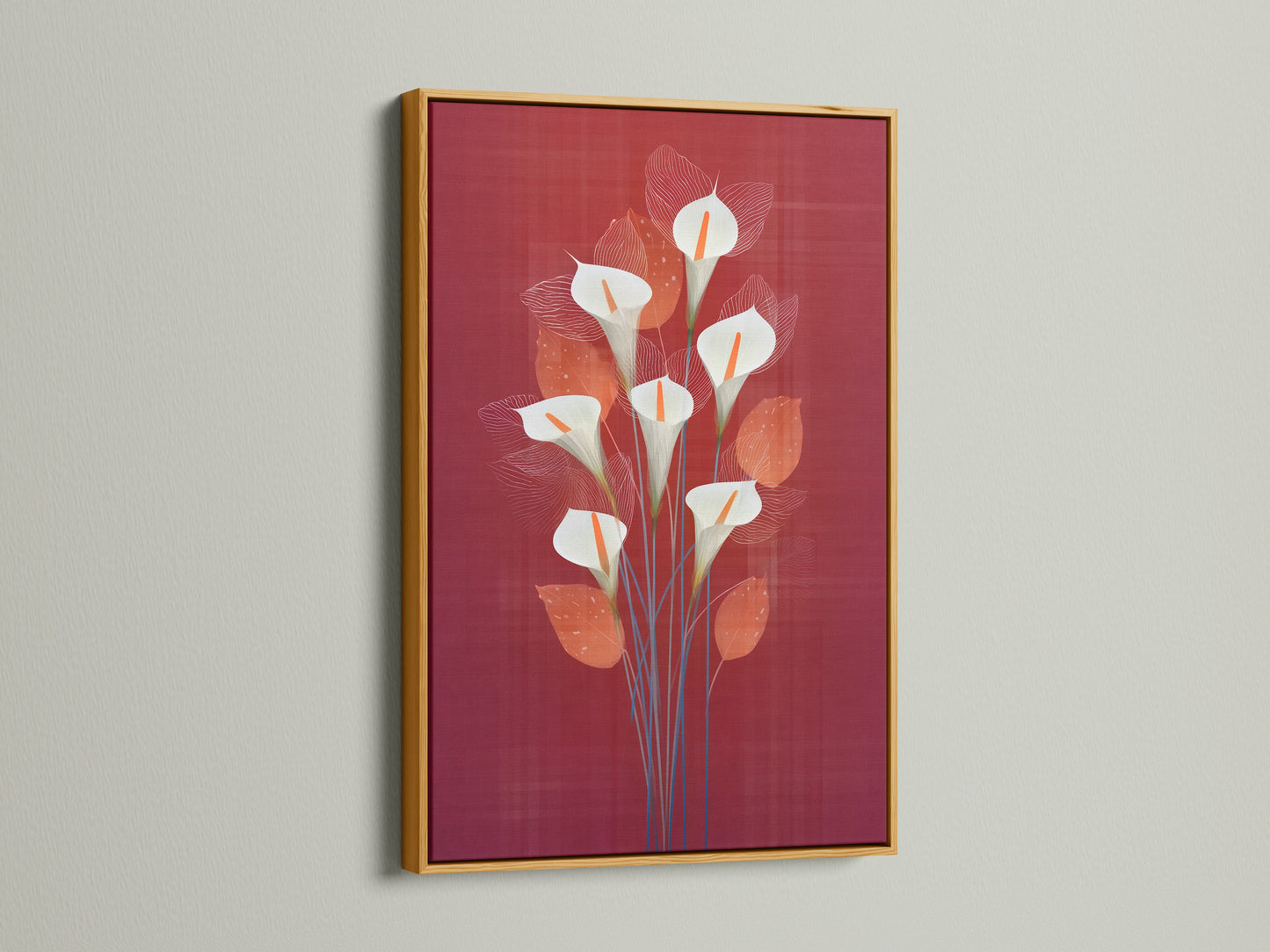 The calla lily artwork is displayed in a gold frame. The gold frame adds a touch of elegance to this floral artwork. Consider it for a luxurious botanical poster display. Perfect for creating eye-catching flower wall decor.