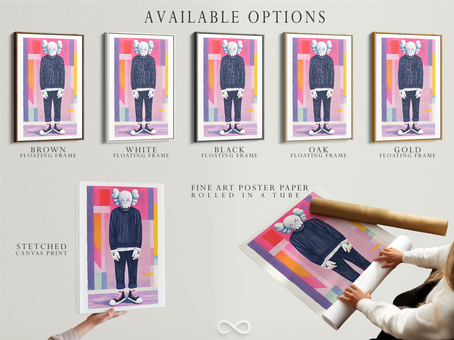 Available options include a stretched canvas print fine art poster paper and a floating frame. This allows you to customize your artwork. Choose the best format to suit your taste. The options cater to different styles. You can enhance your artwork with professional finishing.