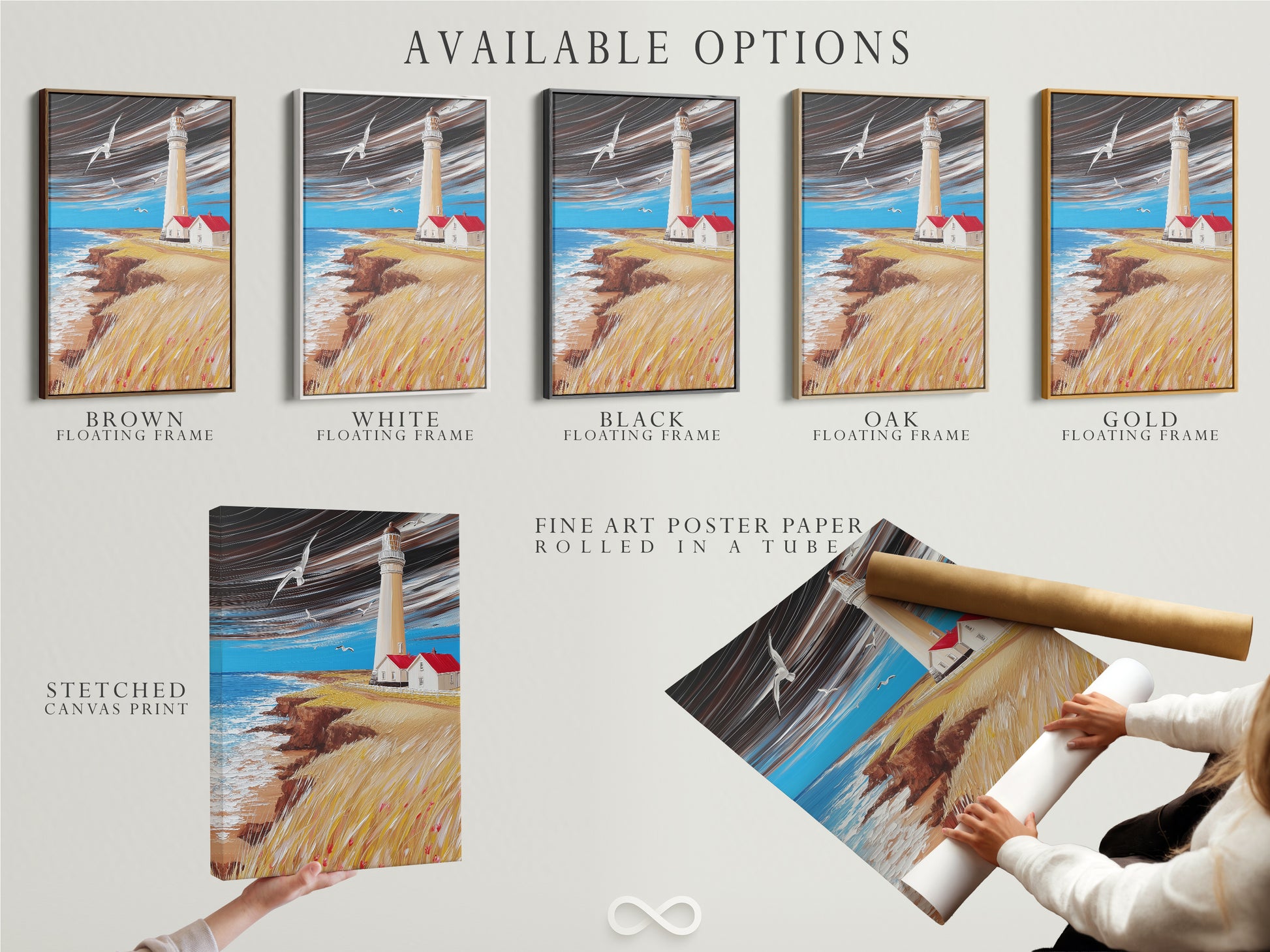 Explore available options for lighthouse art. Choose a stretched canvas print. Opt for fine art poster paper. Select a floating frame to complete your coastal artwork. Nautical decor made easy.