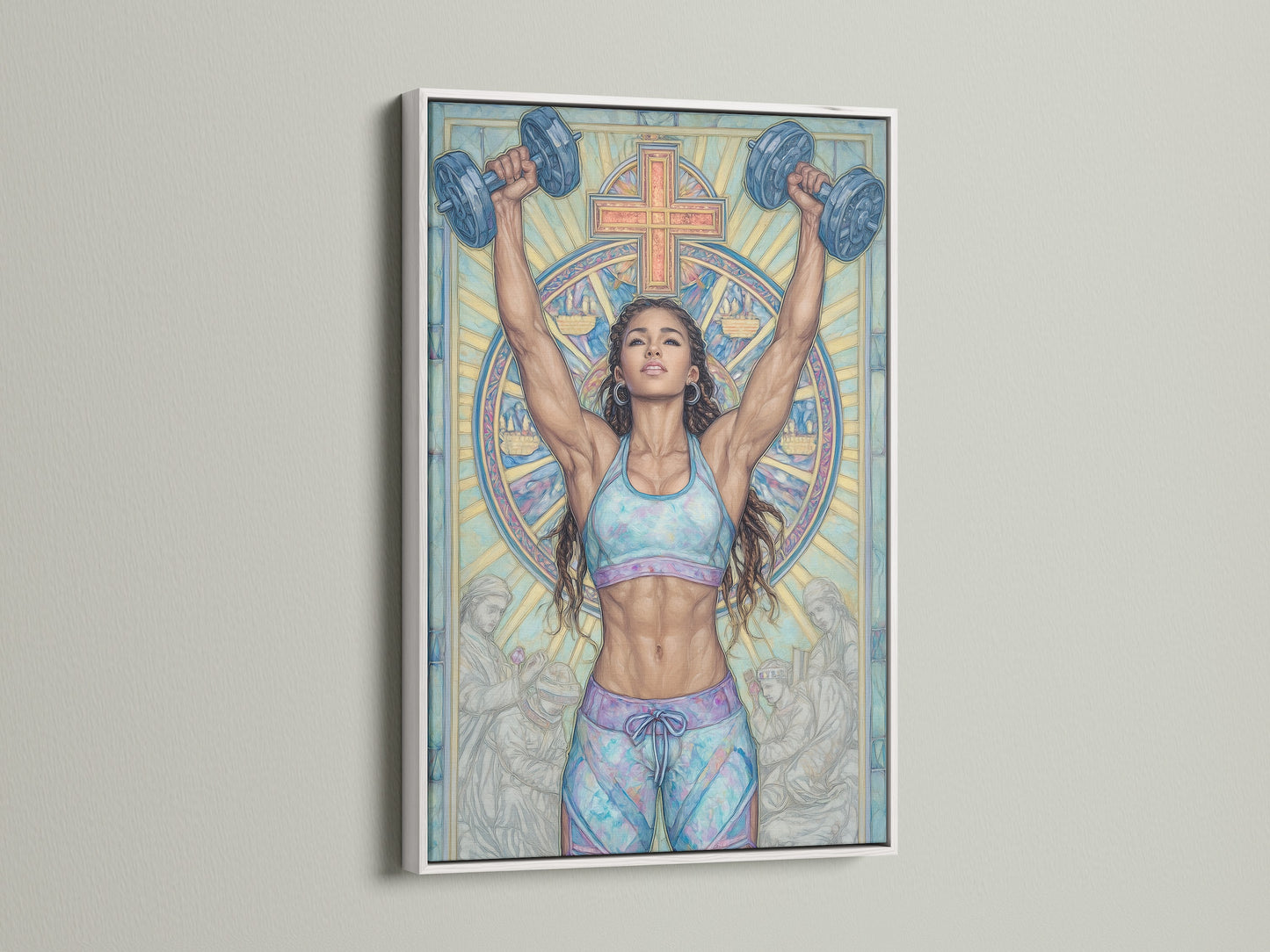 Christian Gym Wall Art in a white frame. This motivational artwork features a woman lifting weights. A cross and stained glass design are in the background. Perfect spiritual workout canvas for home gym decor. Great as faith wall decor.