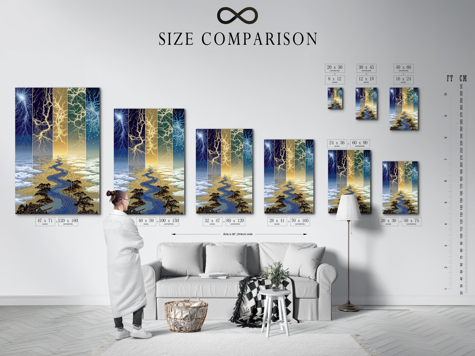Size comparison chart in an interior setting. The Lightning Storm canvas print is shown in various sizes. Visualize how this electric sky art will look in your space. Find the perfect size for your wall decor.
