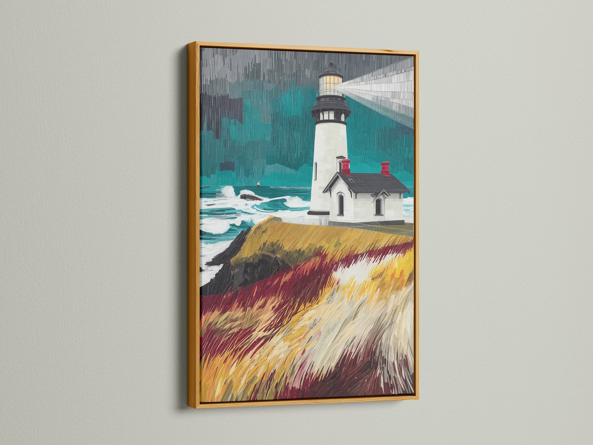 A lighthouse coastal canvas artwork is showcased in a gold frame. This nautical seascape artwork brings a luxurious coastal feel to any room. Perfect for interior designers seeking elegant wall decor. The gold frame enhances the teal and gold accents in this ocean art. Transform your living room or bedroom with this exquisite sea landscape.