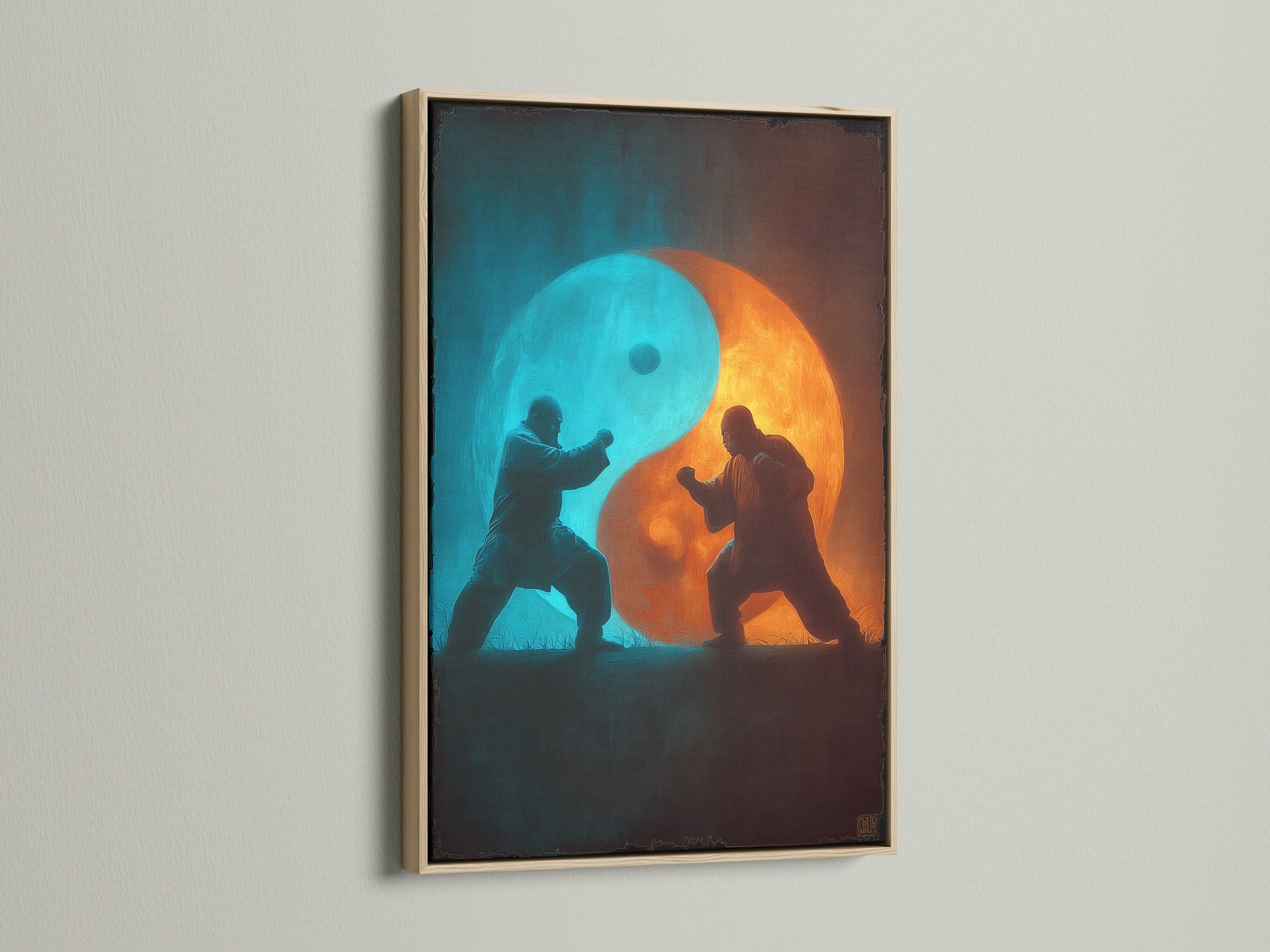 Artwork featuring a yin and yang symbol with two figures practicing martial arts. The art is displayed in an oak frame. A timeless choice to complement any artwork. Shop our oak frames today.