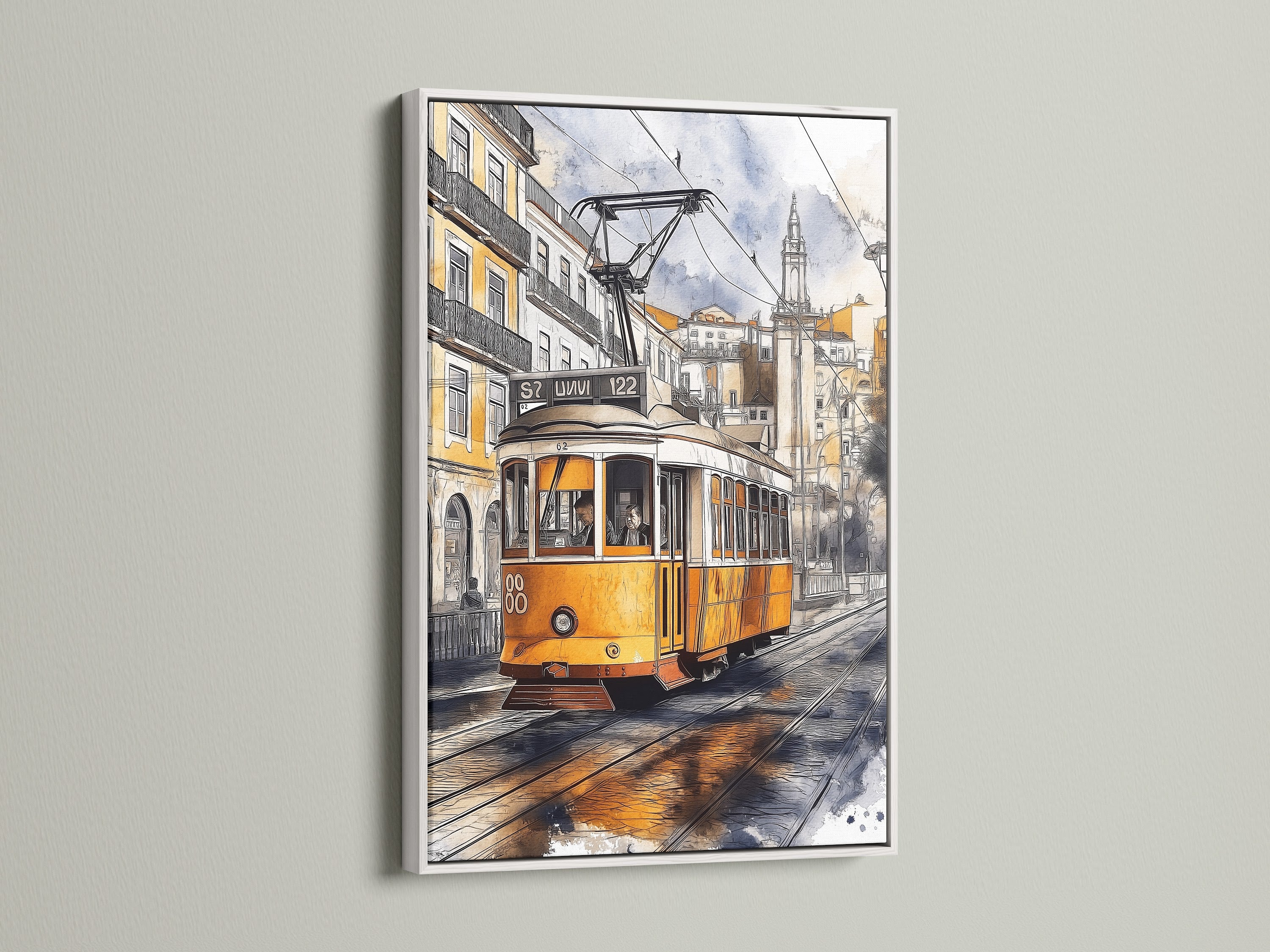 Lisbon street art featuring a vintage tram presented in a white frame. This European city print adds a clean contemporary touch to your decor. A perfect piece of wall art for modern interiors. The white frame offers a sleek look.