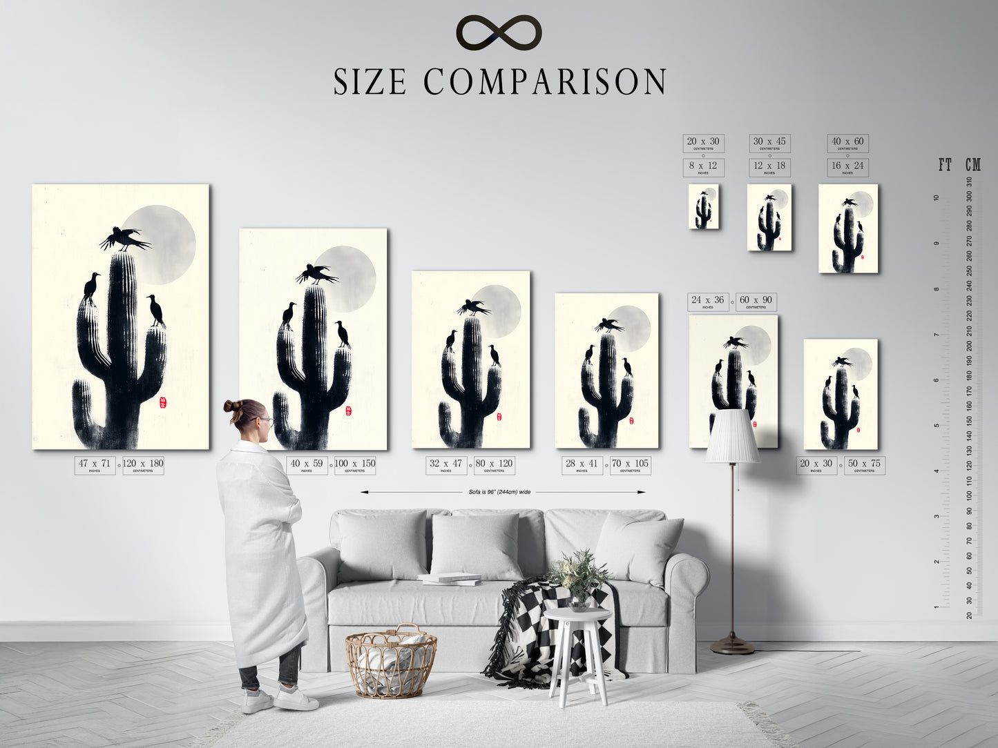 Size comparison chart in an interior setting featuring the Cactus Birds art. This desert silhouette artwork is perfect for a study room. Choose the ideal size for your nature canvas. Minimalist southwestern decor.