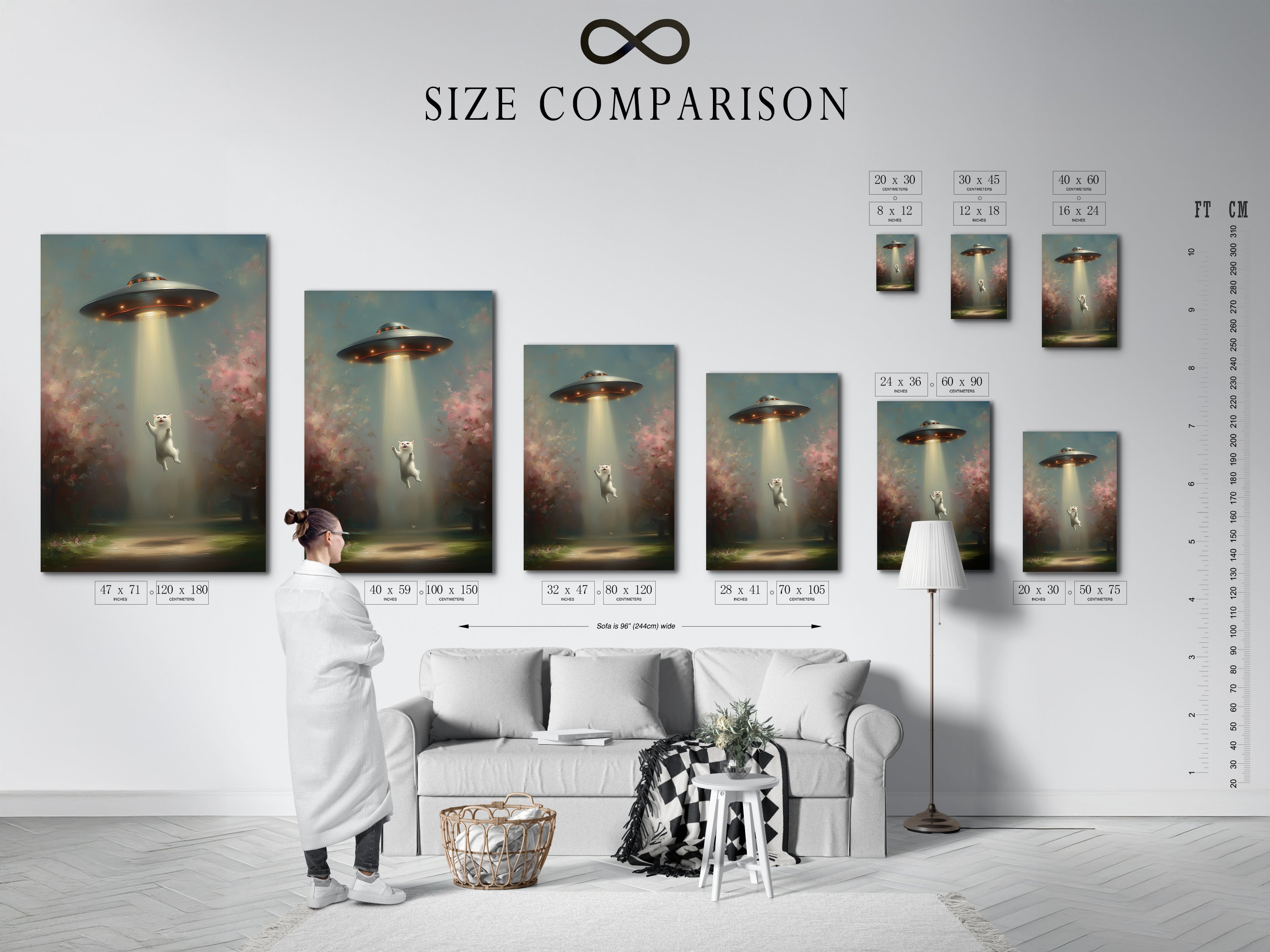 Size comparison chart in an interior setting. Visualize how the UFO Cat art fits in your space. Choose the perfect size for your living room bedroom or office wall.