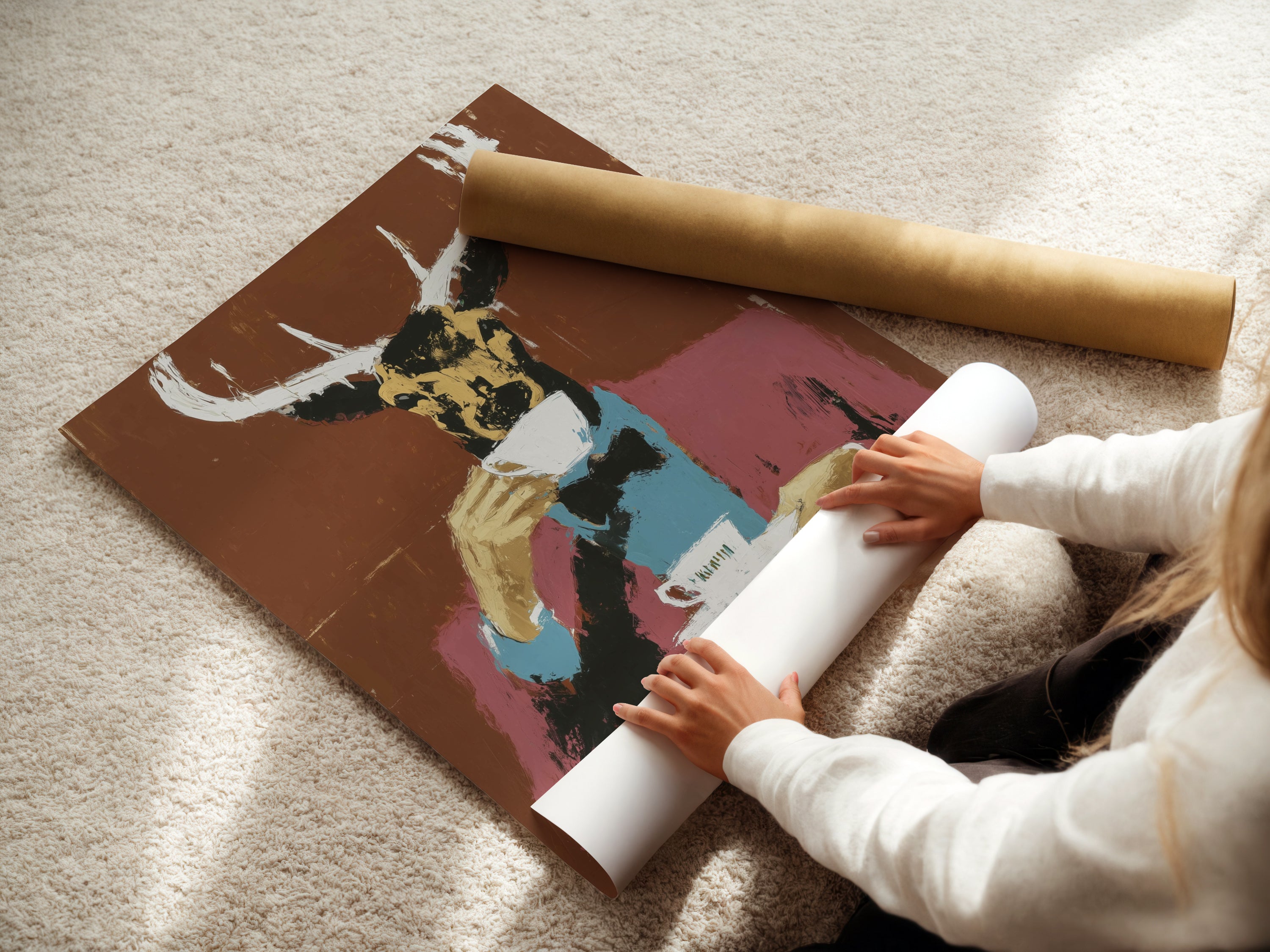 Woman rolling a fine art poster paper featuring the Deer Gentleman. This animal portrait art is perfect for any space. Get your quirky wall decor delivered. Choose from our diverse folk art print options. Shop now for modern canvas art and elevate your home or office with unique artwork.