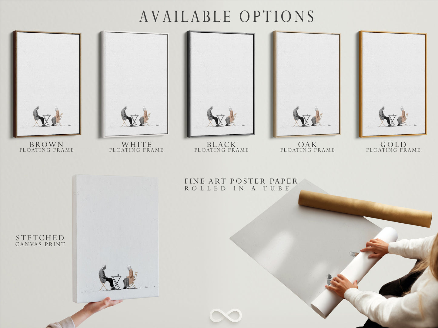 Explore our available options for this minimalist artwork. Choose from stretched canvas print fine art poster paper or a floating frame. Featuring an elderly couple art print. Customize your artwork to perfectly match your style. Enhance your home or business decor today.