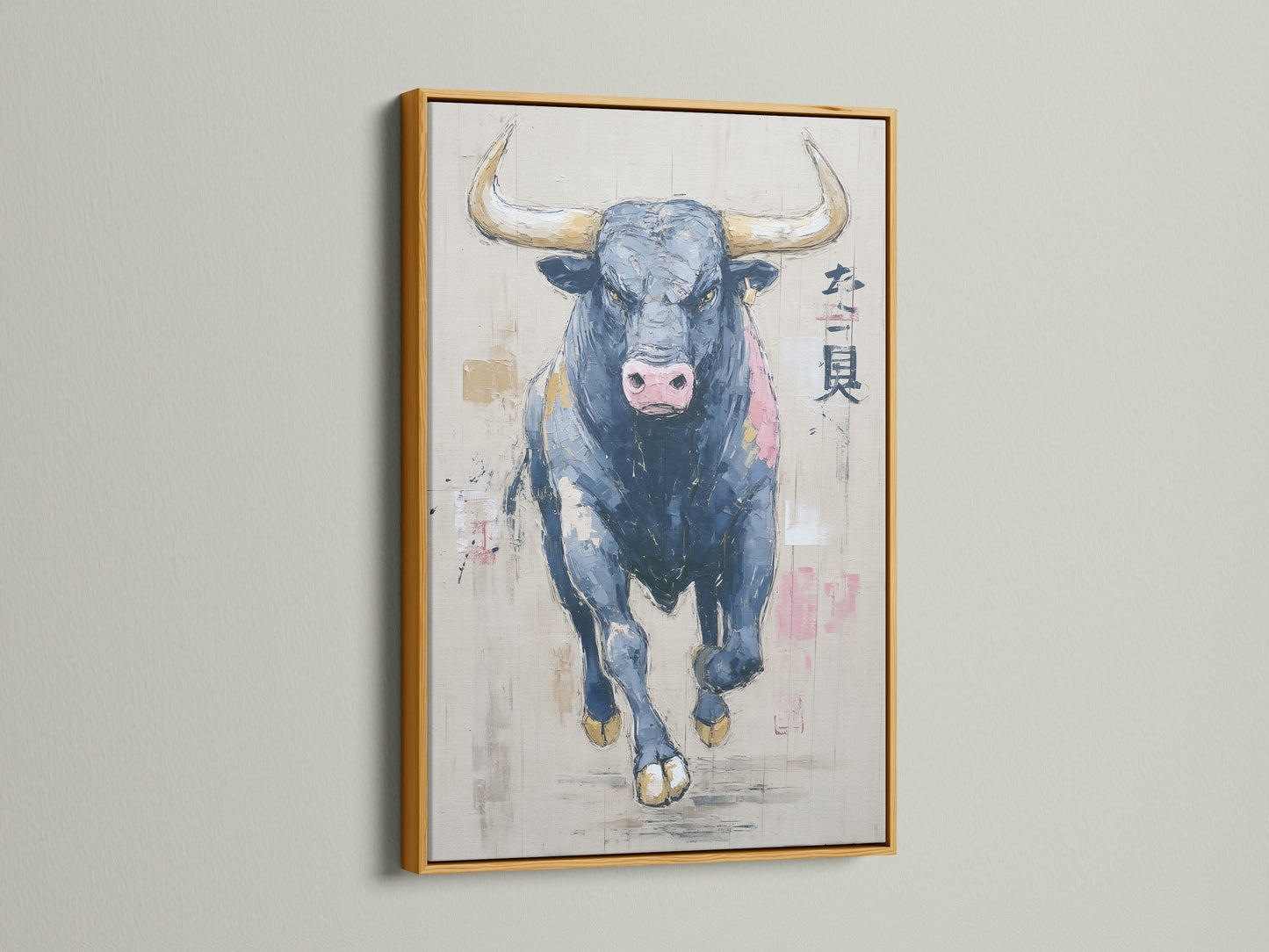 Bull artwork with a gold frame. This modern animal canvas is an abstract print. This farmhouse decor is perfect for a study room. This taurus zodiac art is a great zodiac sign art.