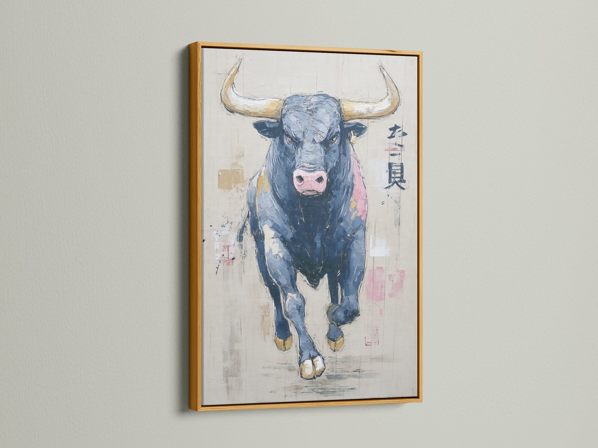 Bull artwork with a gold frame. This modern animal canvas is an abstract print. This farmhouse decor is perfect for a study room. This taurus zodiac art is a great zodiac sign art.