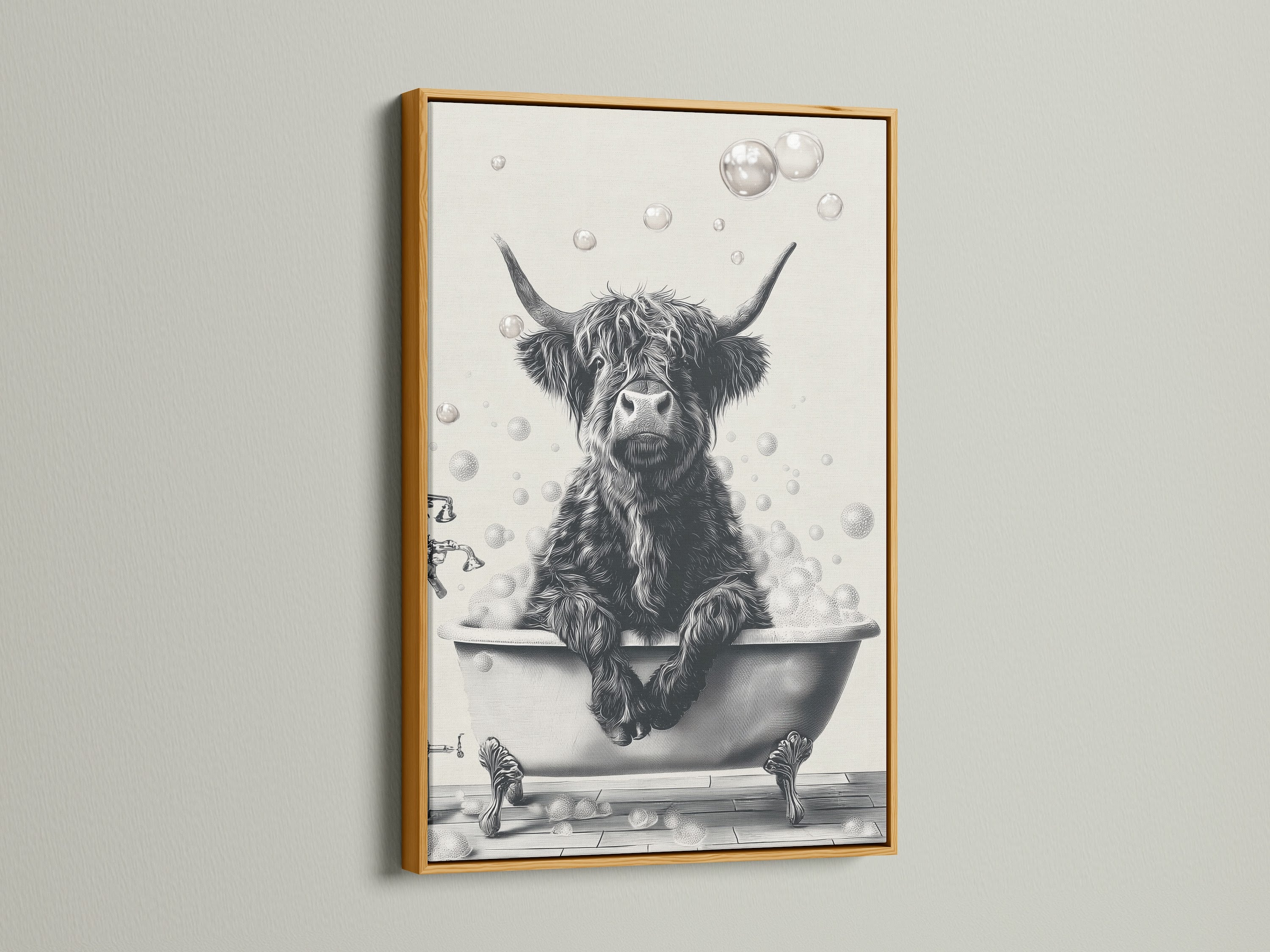 A highland cow luxuriates in a bubble bath in this charming artwork. The black and white cow print is elegantly framed in a gold frame. This funny animal print brings a touch of whimsy to your bathroom. This restroom art is a perfect gift for cow lovers. Brighten your walls today.
