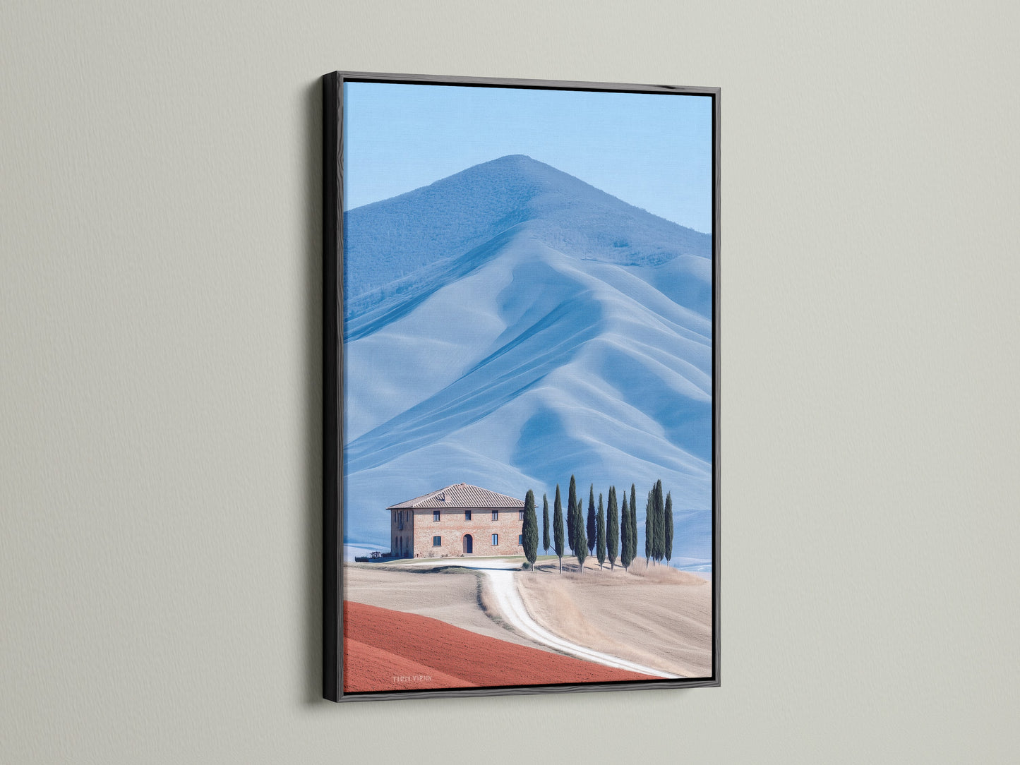 Tuscany landscape canvas in a black frame. This Italian countryside art complements modern spaces. The farmhouse scenery print provides a rustic touch. It is perfect for creating a stylish gallery wall. Bring nature photography into your home decor.